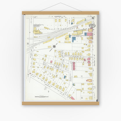 Old map wall art mockup — magnetic wood frame on white wall — Sanborn Fire Insurance Map from Pontiac, Oakland County, Michigan (1919), Sheet #0006