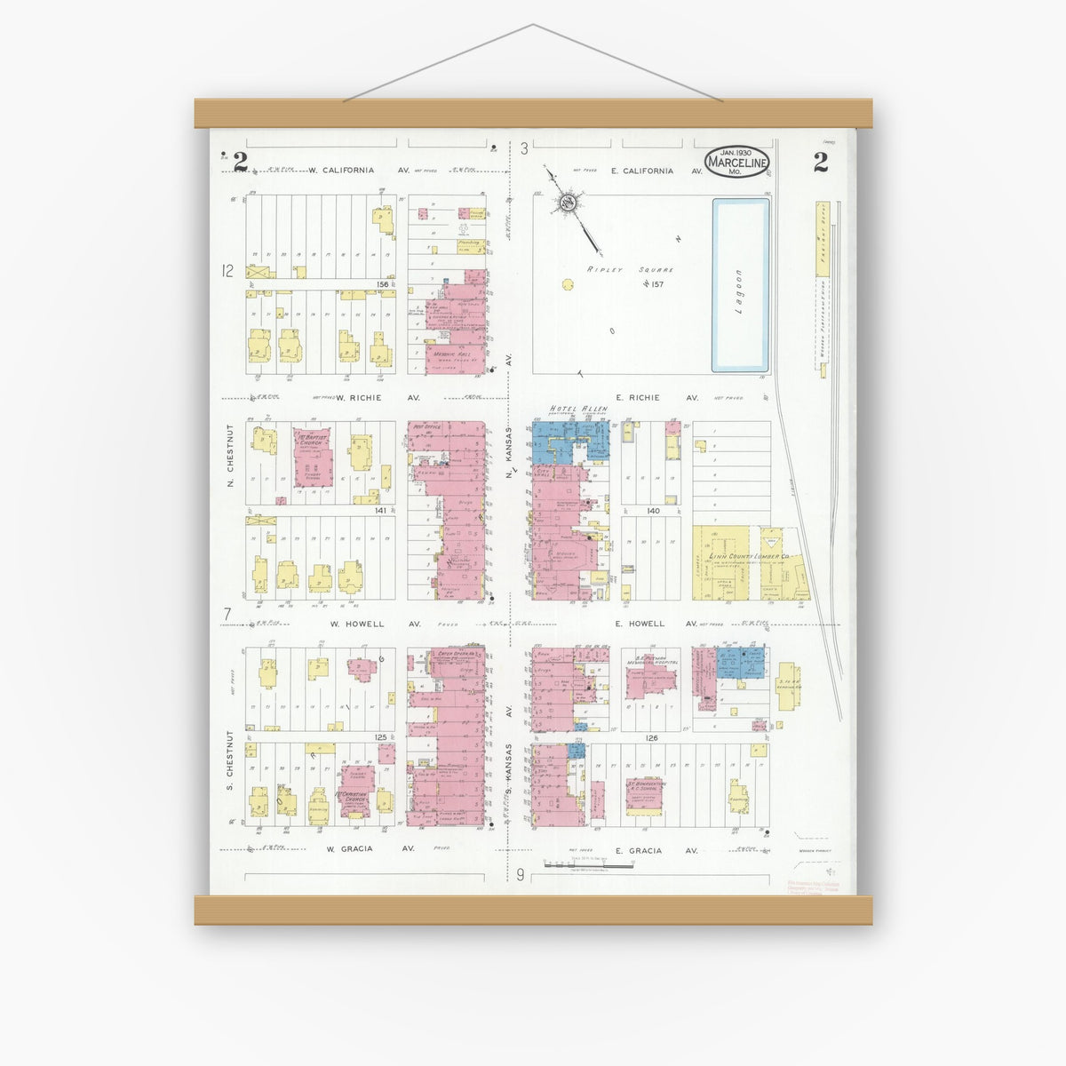 Old map wall art mockup — magnetic wood frame on white wall — Sanborn Fire Insurance Map from Marceline, Linn County, Missouri (1930), Sheet #0002