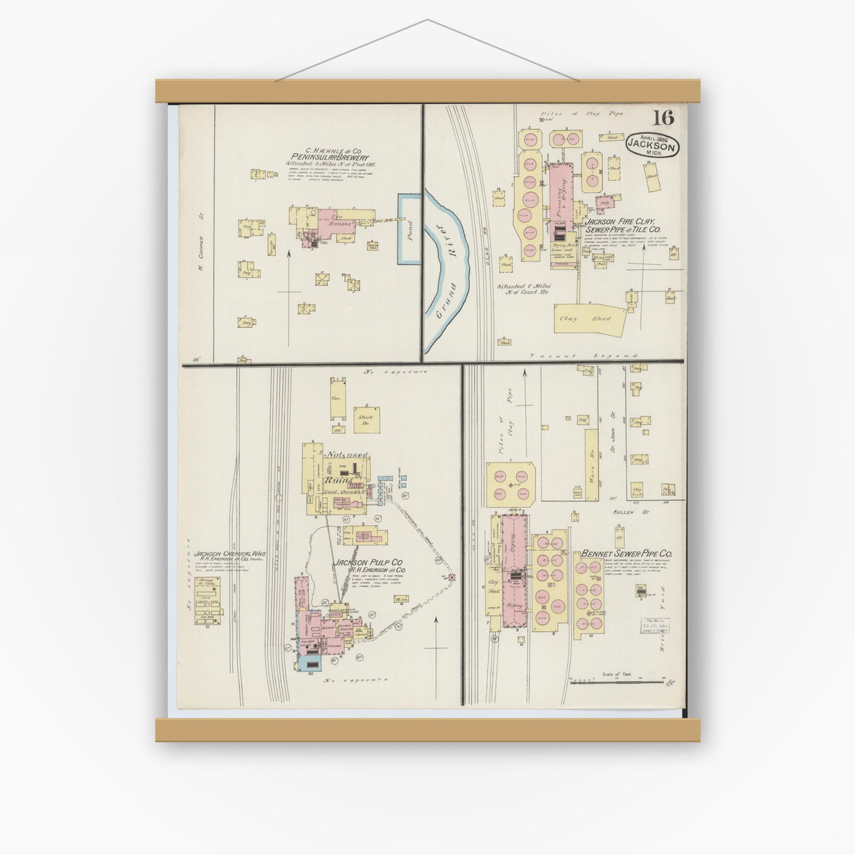 Old map wall art mockup — magnetic wood frame on white wall — Sanborn Fire Insurance Map from Jackson, Jackson County, Michigan (1886), Sheet #0016