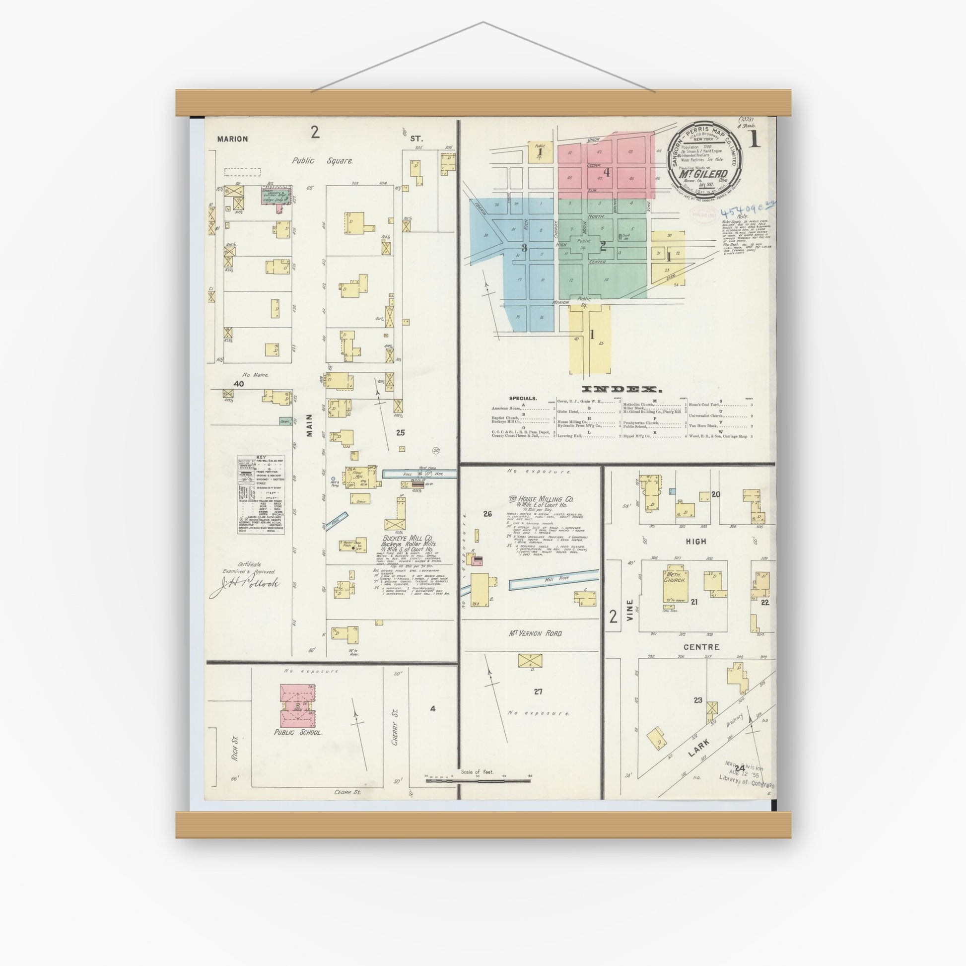 Old map wall art mockup — magnetic wood frame on white wall — Sanborn Fire Insurance Map from Mount Gilead, Morrow County, Ohio (1897), Sheet #0001