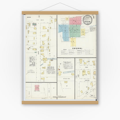 Old map wall art mockup — magnetic wood frame on white wall — Sanborn Fire Insurance Map from Mount Gilead, Morrow County, Ohio (1897), Sheet #0001