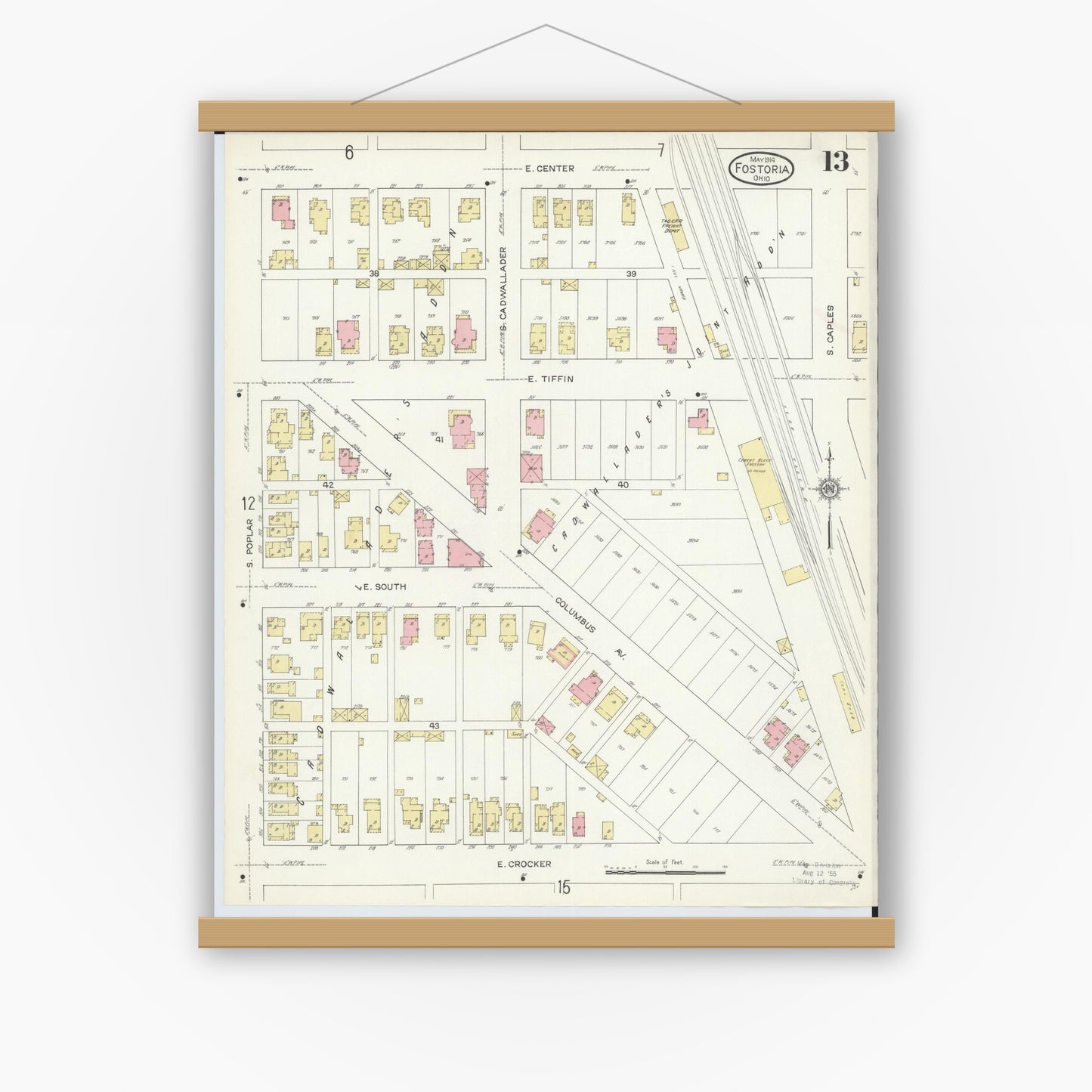 Old map wall art mockup — magnetic wood frame on white wall — Sanborn Fire Insurance Map from Fostoria, Seneca, Hancock, And Wood Counties, Ohio (1914), Sheet #0013