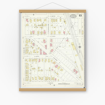 Old map wall art mockup — magnetic wood frame on white wall — Sanborn Fire Insurance Map from Fostoria, Seneca, Hancock, And Wood Counties, Ohio (1914), Sheet #0013