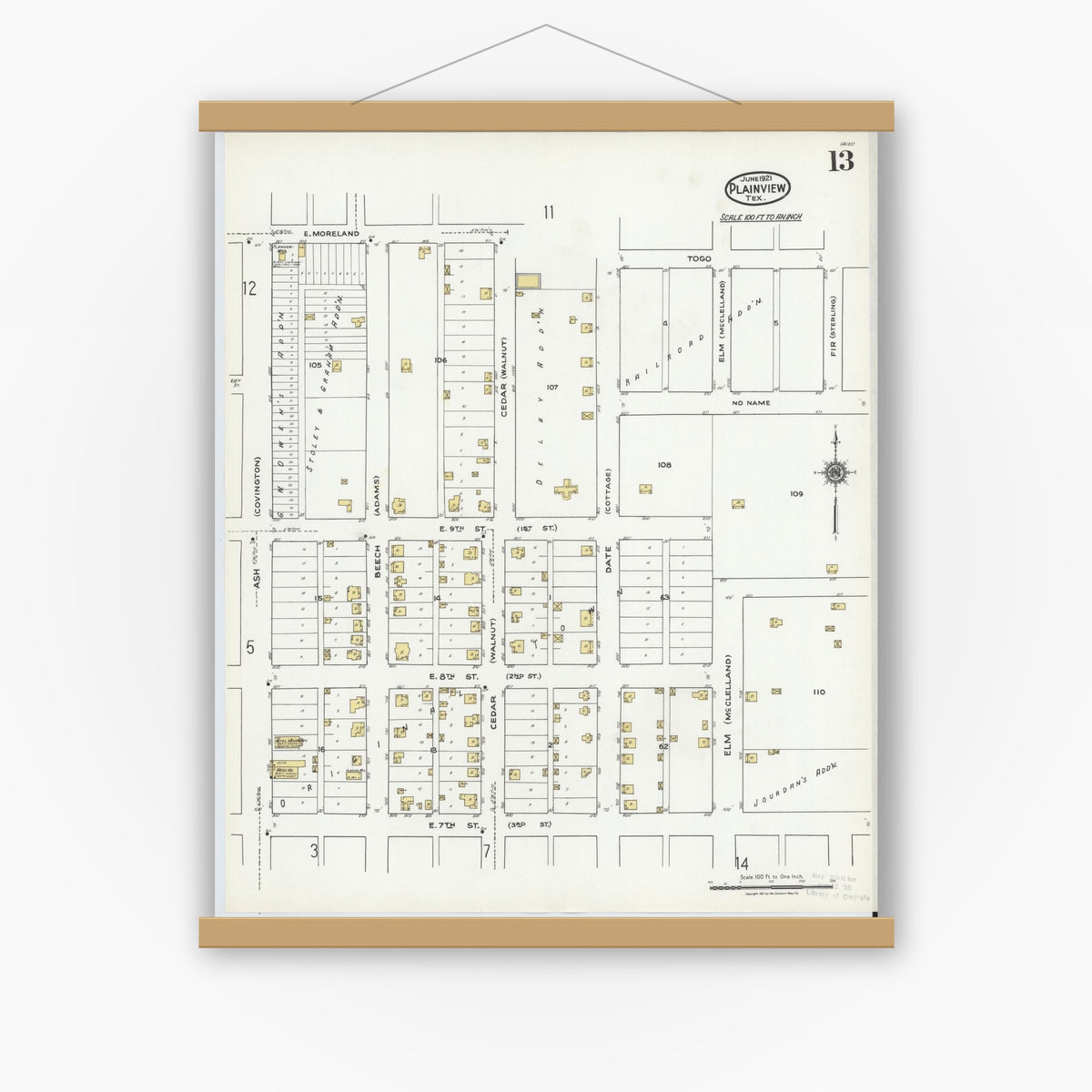 Old map wall art mockup — magnetic wood frame on white wall — Sanborn Fire Insurance Map from Plainview, Hale County, Texas (1921), Sheet #0013