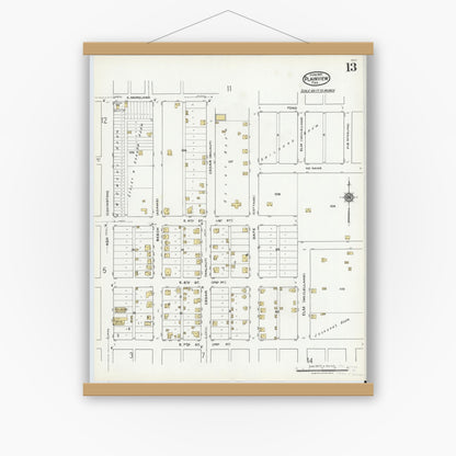 Old map wall art mockup — magnetic wood frame on white wall — Sanborn Fire Insurance Map from Plainview, Hale County, Texas (1921), Sheet #0013
