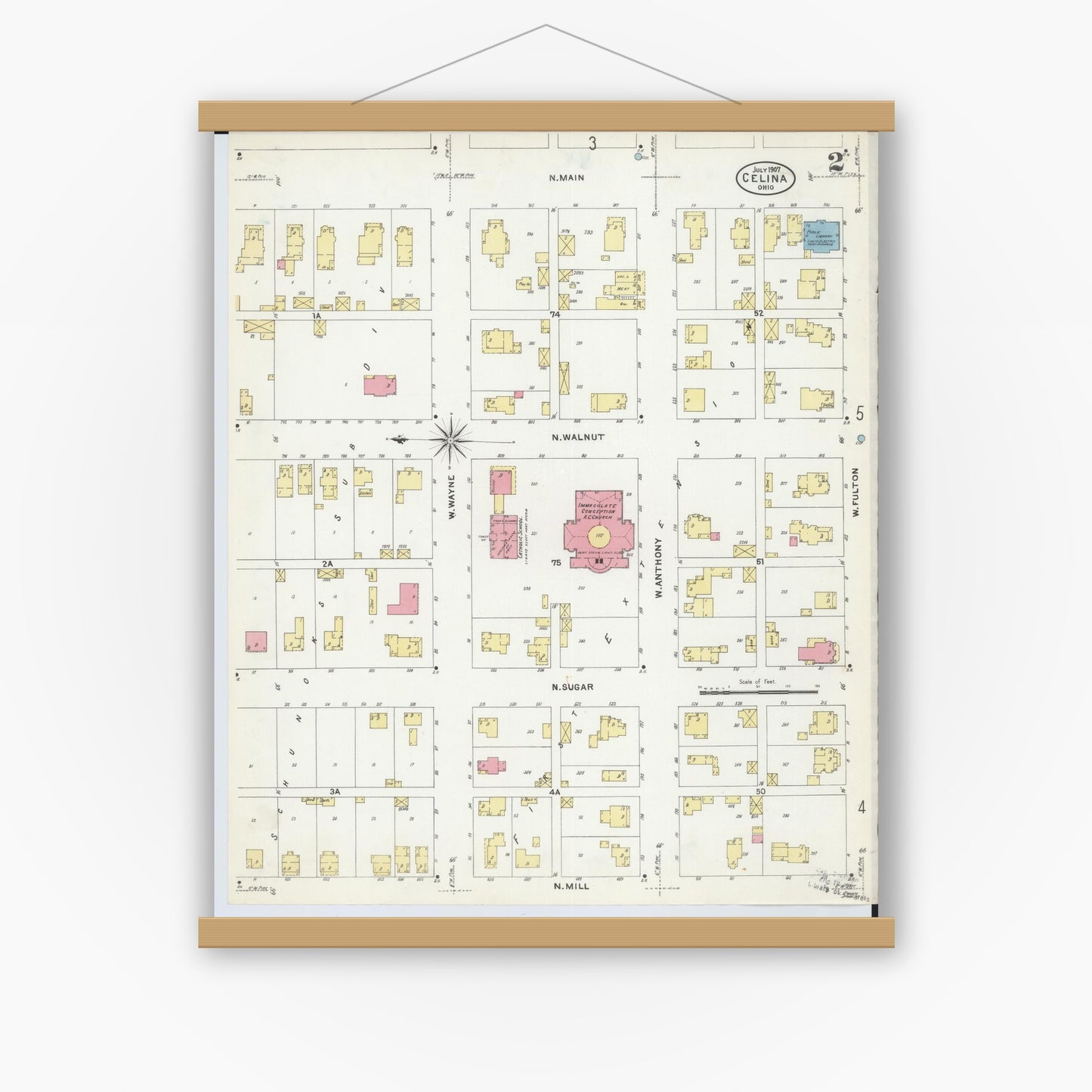 Old map wall art mockup — magnetic wood frame on white wall — Sanborn Fire Insurance Map from Celina, Mercer County, Ohio (1907), Sheet #0002