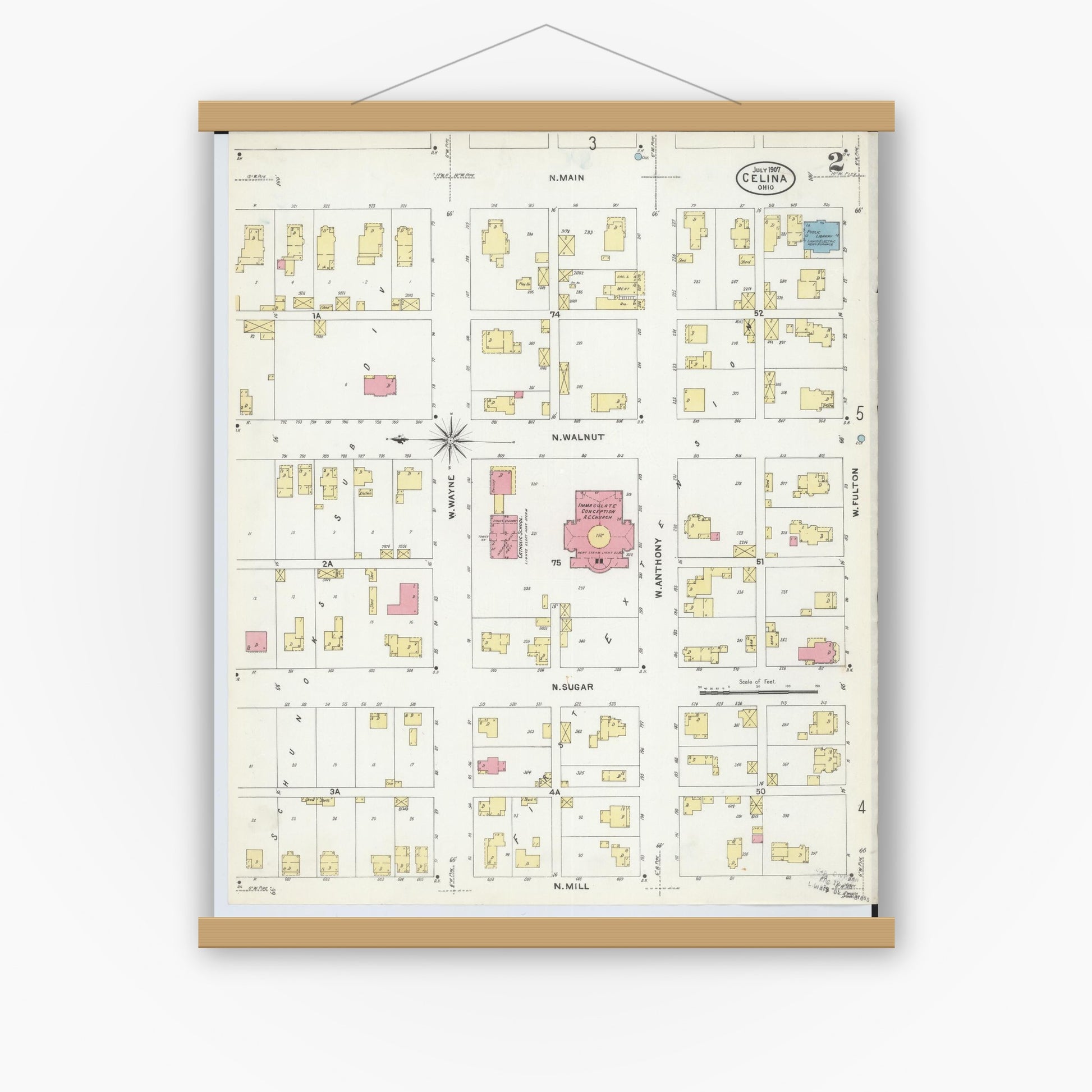 Old map wall art mockup — magnetic wood frame on white wall — Sanborn Fire Insurance Map from Celina, Mercer County, Ohio (1907), Sheet #0002