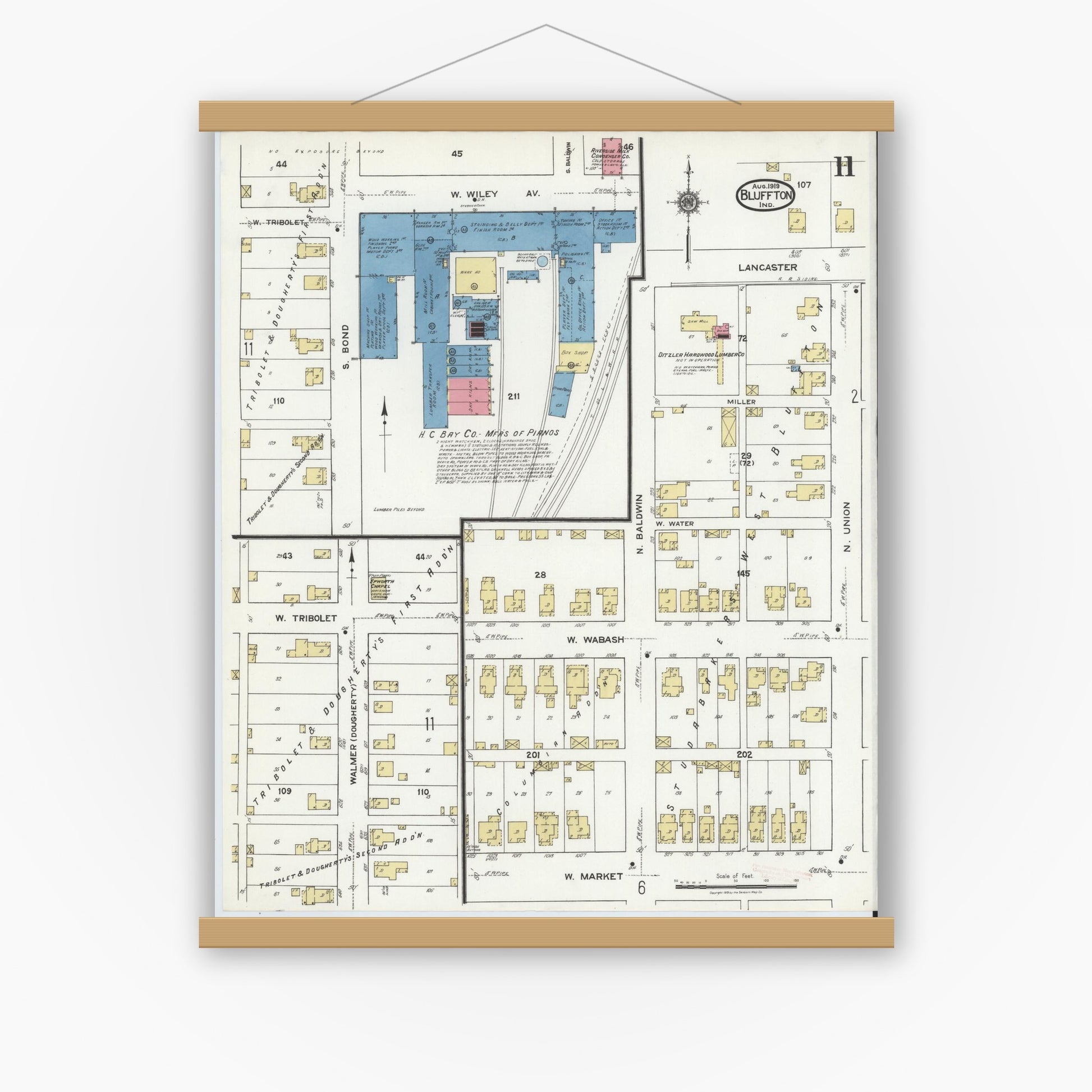 Old map wall art mockup — magnetic wood frame on white wall — Sanborn Fire Insurance Map from Bluffton, Wells County, Indiana (1919), Sheet #0011