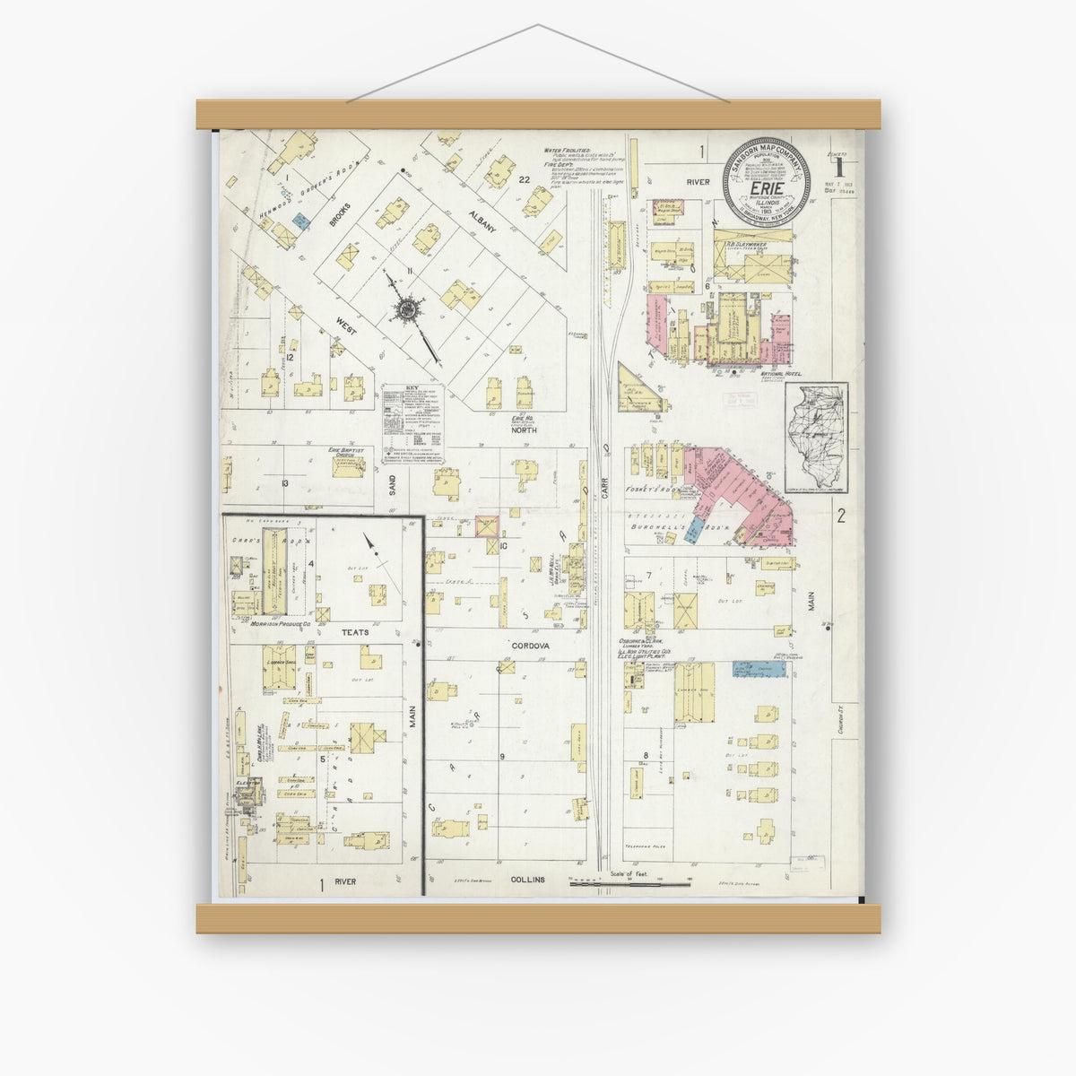 Old map wall art mockup — magnetic wood frame on white wall — Sanborn Fire Insurance Map from Erie, Whiteside County, Illinois (1913), Sheet #0001