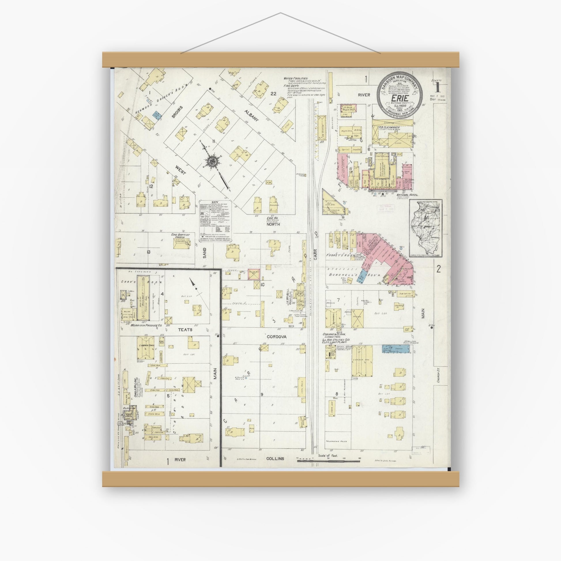 Old map wall art mockup — magnetic wood frame on white wall — Sanborn Fire Insurance Map from Erie, Whiteside County, Illinois (1913), Sheet #0001