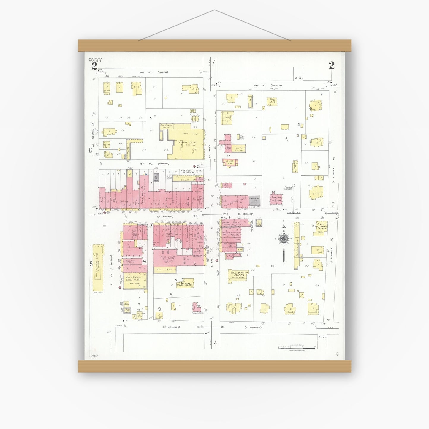 Old map wall art mockup — magnetic wood frame on white wall — Sanborn Fire Insurance Map from Plano, Collin County, Texas (1949), Sheet #0002