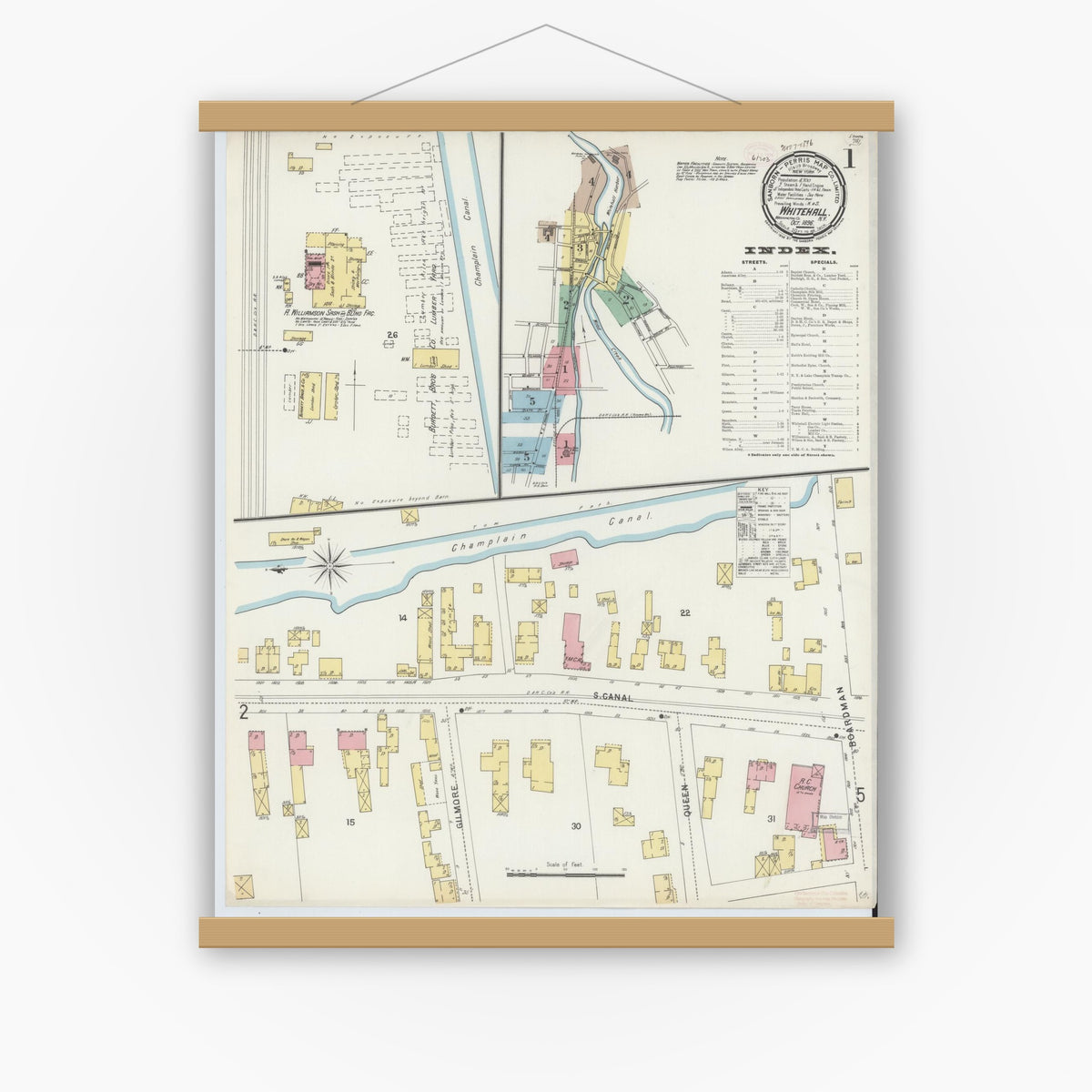 Old map wall art mockup — magnetic wood frame on white wall — Sanborn Fire Insurance Map from Whitehall, Washington County, New York (1896) - Complete Map Set