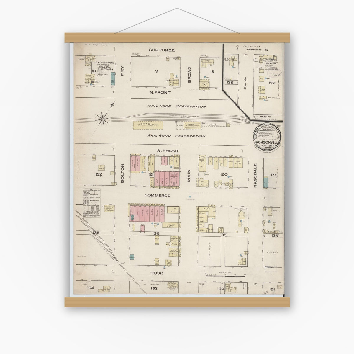 Old map wall art mockup — magnetic wood frame on white wall — Sanborn Fire Insurance Map from Jacksonville, Cherokee County, Texas (1885), Sheet #0001