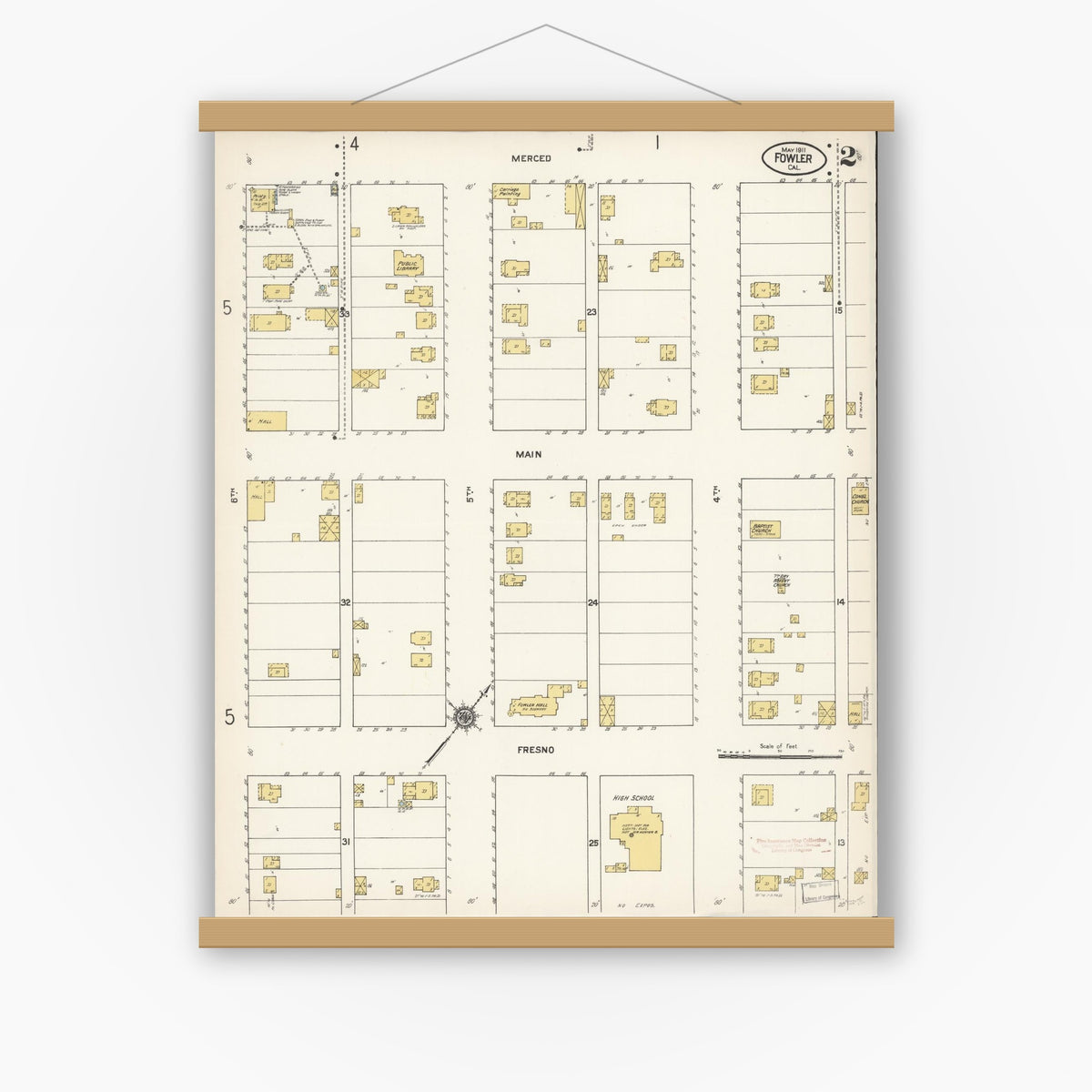 Old map wall art mockup — magnetic wood frame on white wall — Sanborn Fire Insurance Map from Fowler, Fresno County, California (1911), Sheet #0002