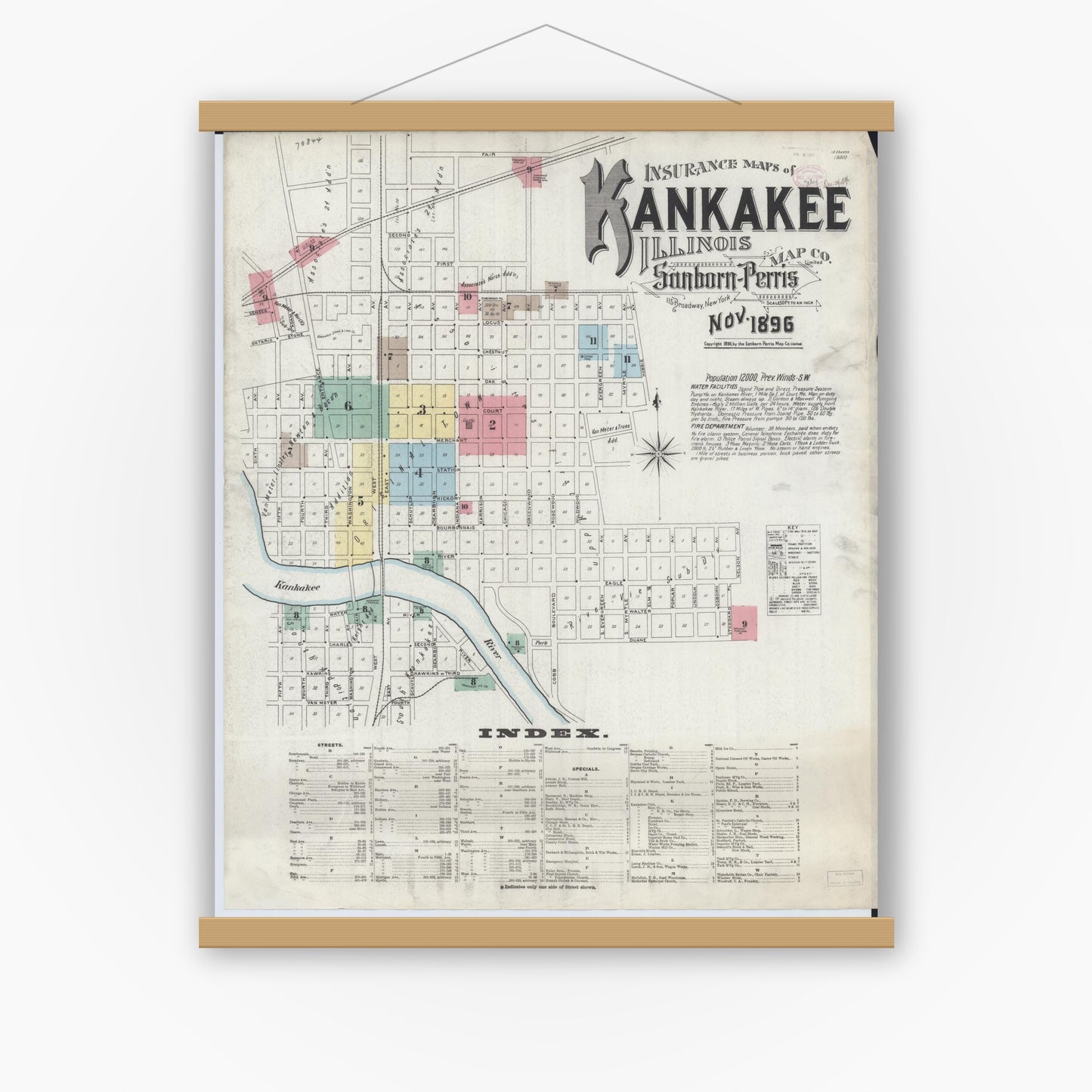 Old map wall art mockup — magnetic wood frame on white wall — Sanborn Fire Insurance Map from Kankakee, Kankakee County, Illinois (1896) - Complete Map Set