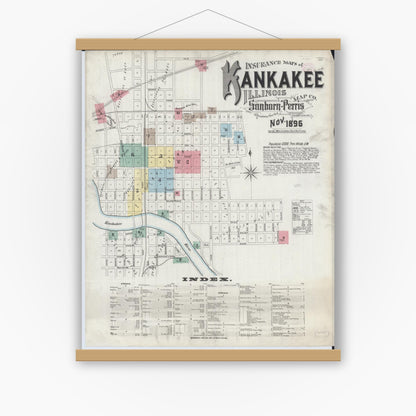 Old map wall art mockup — magnetic wood frame on white wall — Sanborn Fire Insurance Map from Kankakee, Kankakee County, Illinois (1896) - Complete Map Set