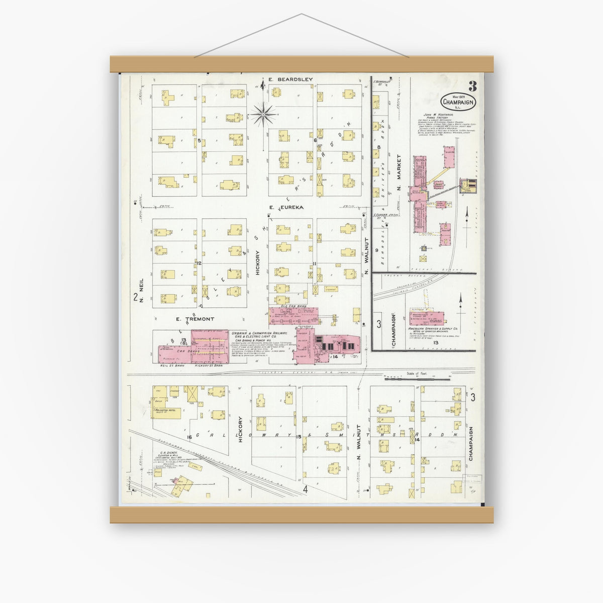Old map wall art mockup — magnetic wood frame on white wall — Sanborn Fire Insurance Map from Champaign, Champaign County, Illinois (1909), Sheet #0003