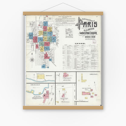 Old map wall art mockup — magnetic wood frame on white wall — Sanborn Fire Insurance Map from Paris, Edgar County, Illinois (1908) - Complete Map Set
