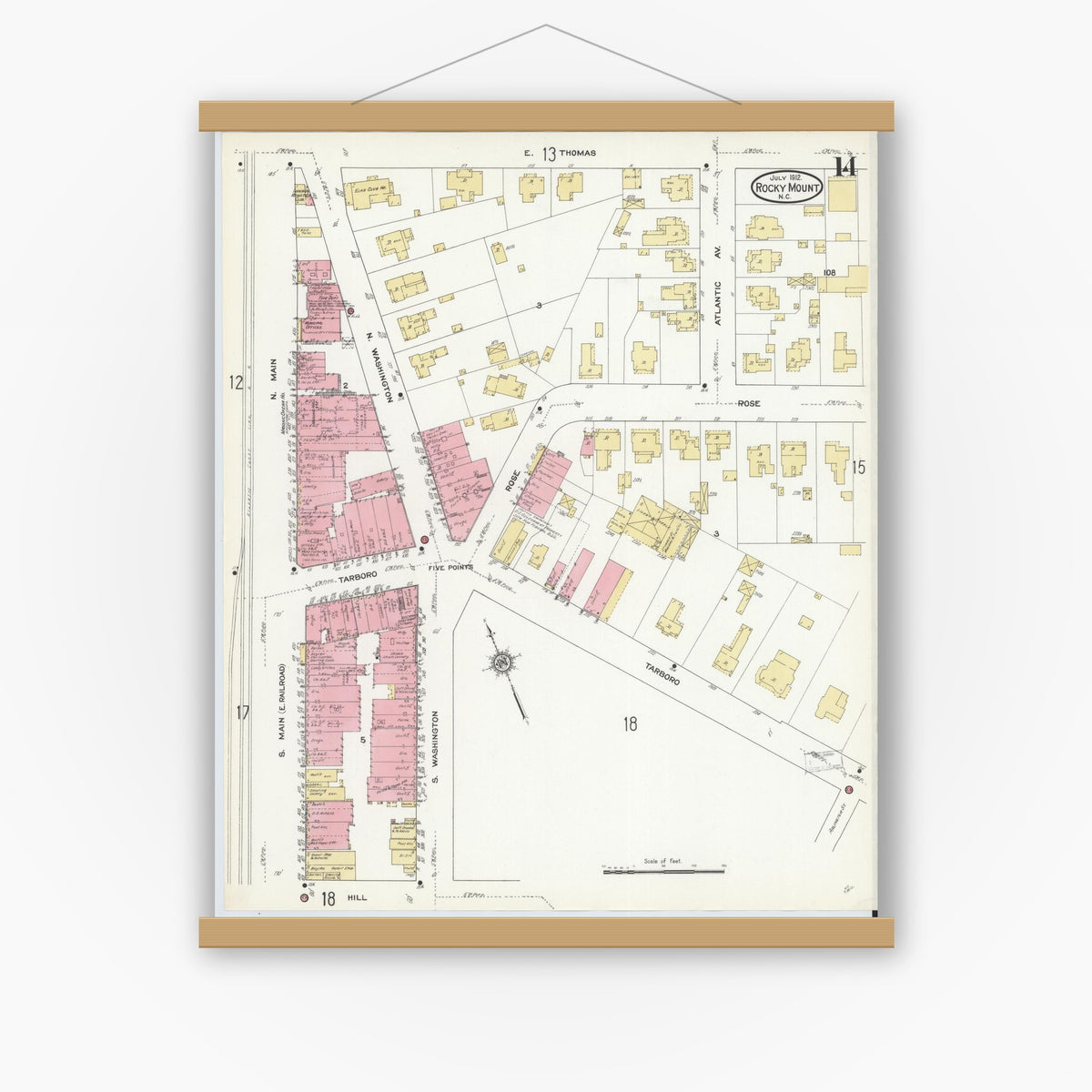 Old map wall art mockup — magnetic wood frame on white wall — Sanborn Fire Insurance Map from Rocky Mount, Edgecombe And Nash Counties, North Carolina (1912), Sheet #0014