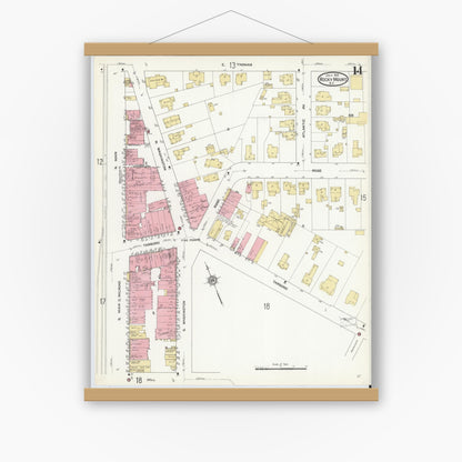 Old map wall art mockup — magnetic wood frame on white wall — Sanborn Fire Insurance Map from Rocky Mount, Edgecombe And Nash Counties, North Carolina (1912), Sheet #0014