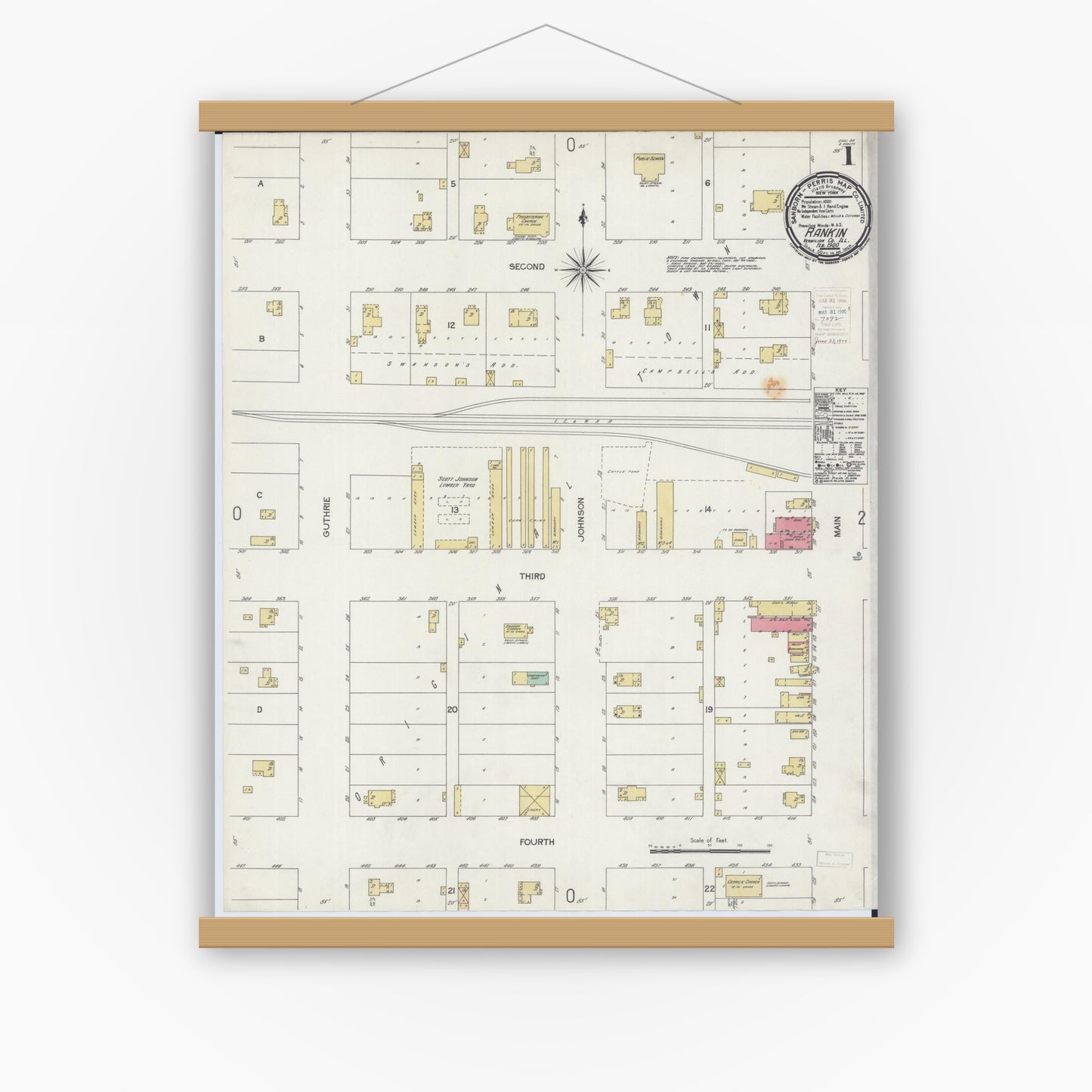 Old map wall art mockup — magnetic wood frame on white wall — Sanborn Fire Insurance Map from Rankin, Vermilion County, Illinois (1900) - Complete Map Set