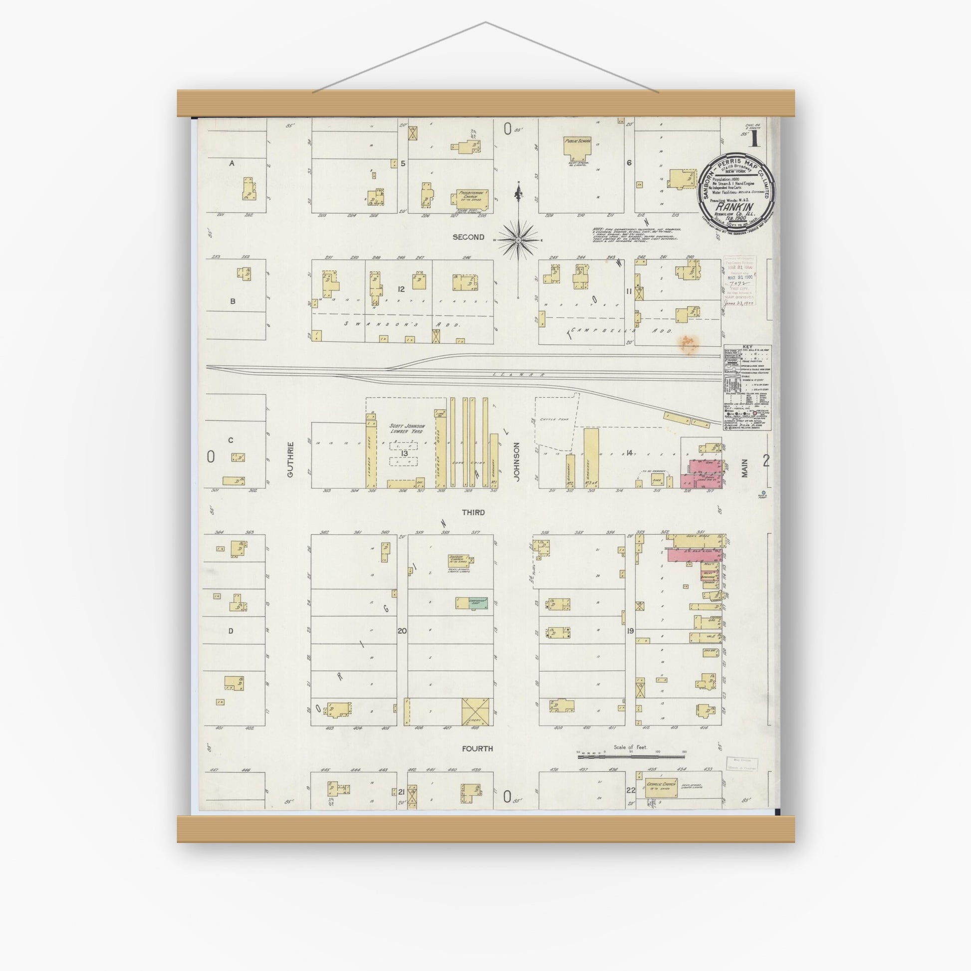 Old map wall art mockup — magnetic wood frame on white wall — Sanborn Fire Insurance Map from Rankin, Vermilion County, Illinois (1900) - Complete Map Set