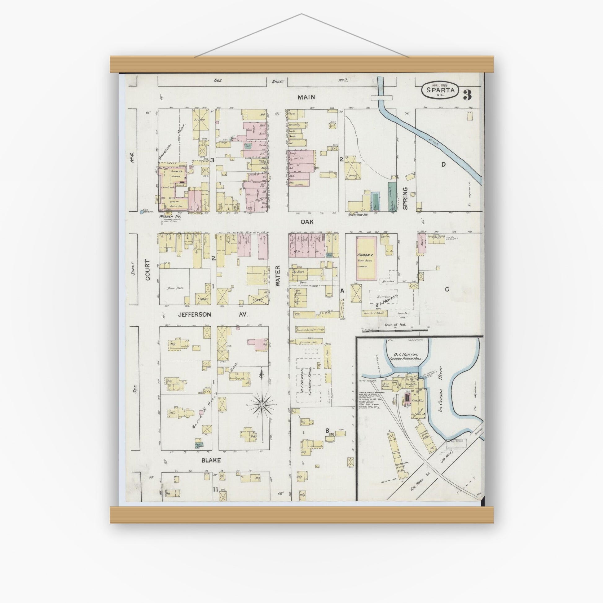 Old map wall art mockup — magnetic wood frame on white wall — Sanborn Fire Insurance Map from Sparta, Monroe County, Wisconsin (1889), Sheet #0003