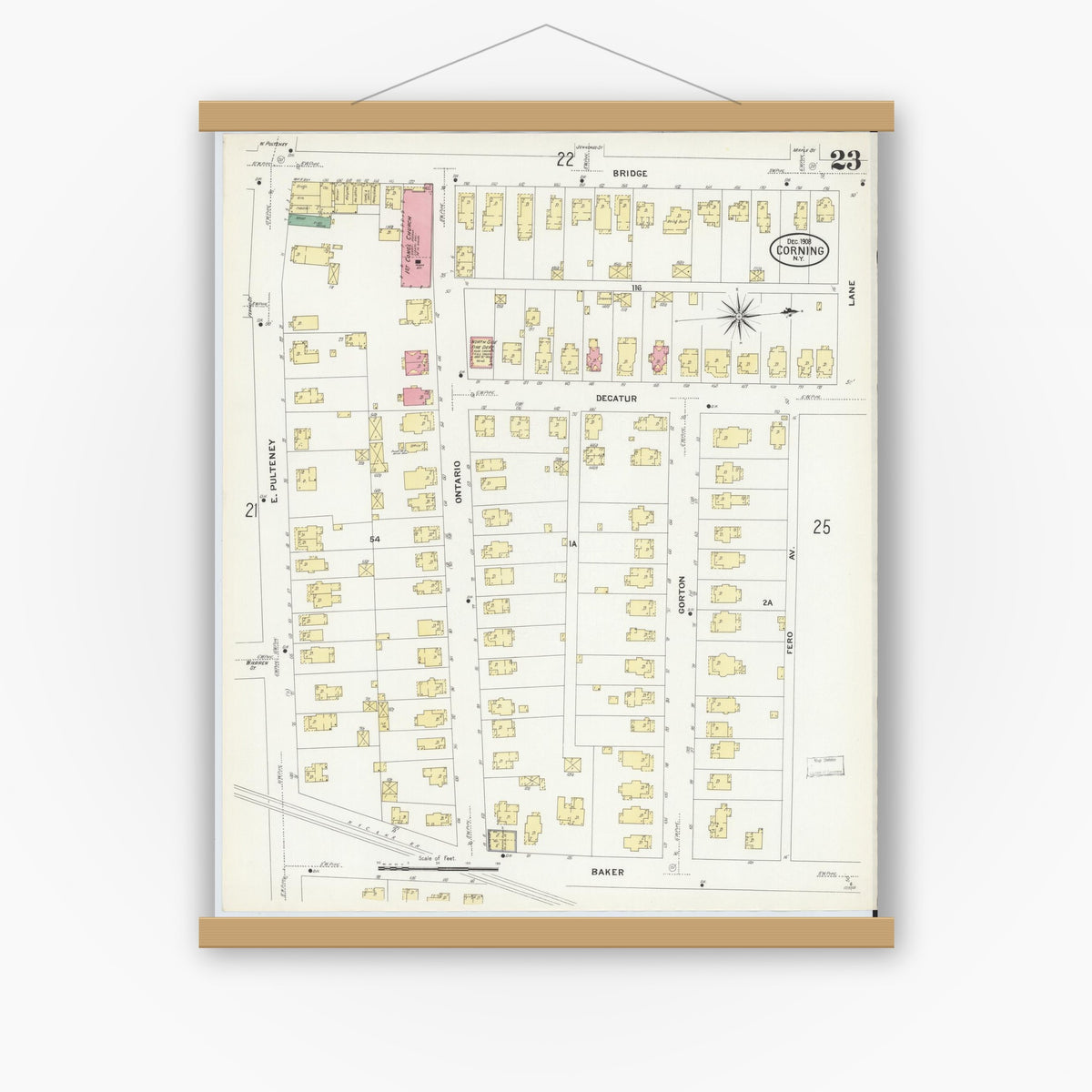 Old map wall art mockup — magnetic wood frame on white wall — Sanborn Fire Insurance Map from Corning, Steuben County, New York (1908), Sheet #0023