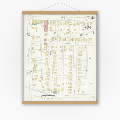 Old map wall art mockup — magnetic wood frame on white wall — Sanborn Fire Insurance Map from Corning, Steuben County, New York (1908), Sheet #0023