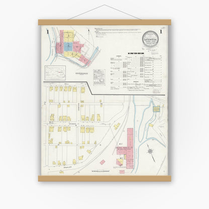 Old map wall art mockup — magnetic wood frame on white wall — Sanborn Fire Insurance Map from Catawissa, Columbia County, Pennsylvania (1930), Sheet #0001