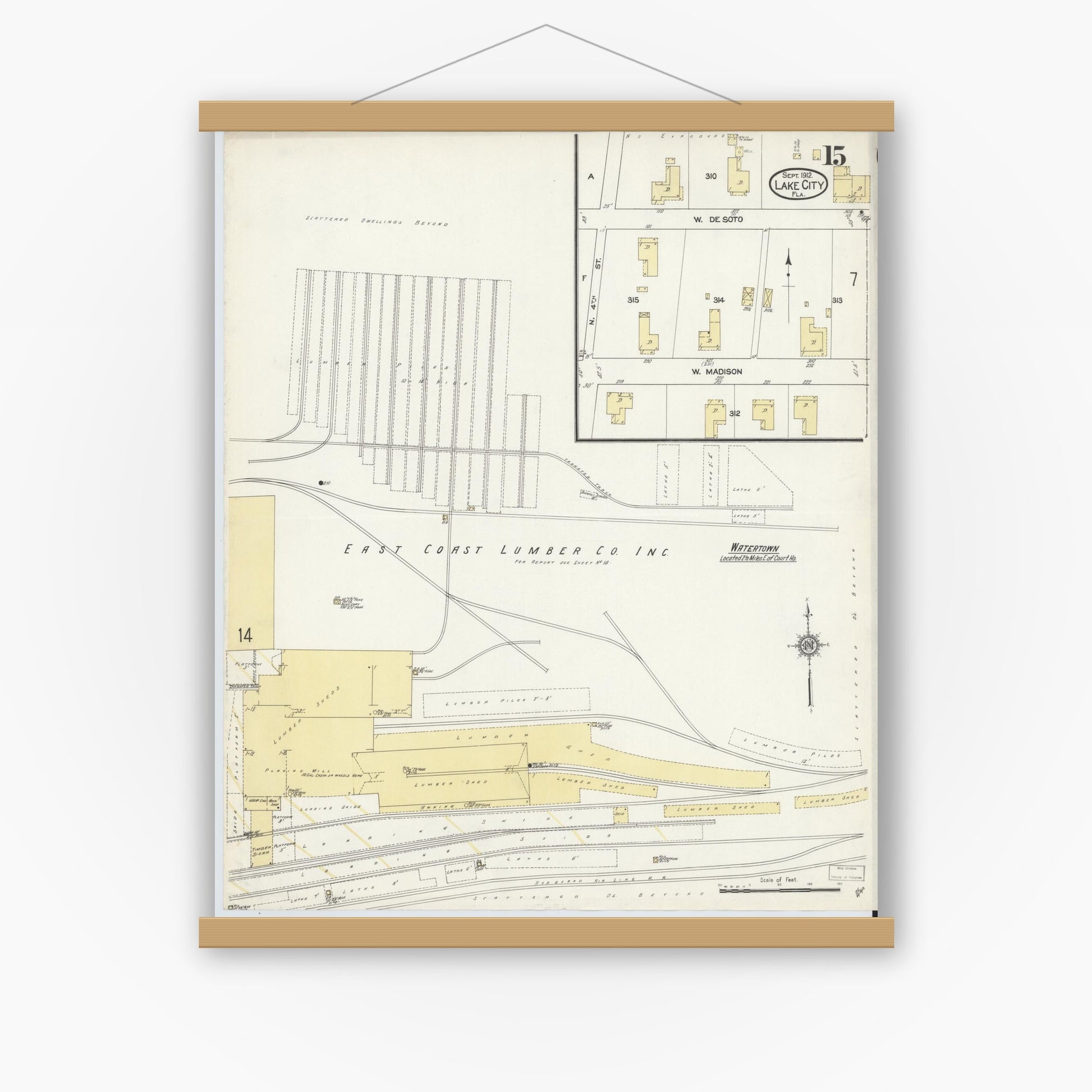 Old map wall art mockup — magnetic wood frame on white wall — Sanborn Fire Insurance Map from Lake City, Columbia County, Florida (1912), Sheet #0015