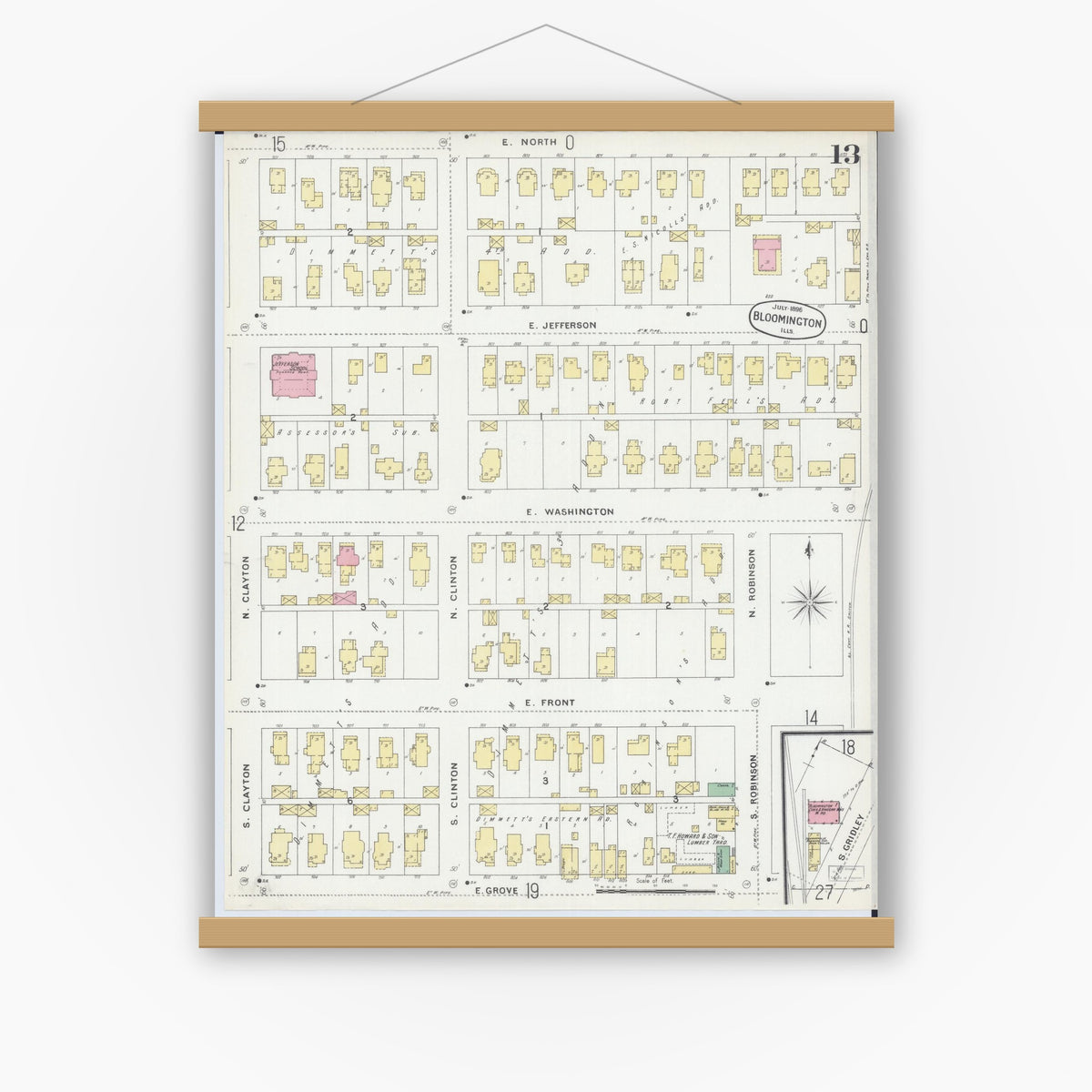 Old map wall art mockup — magnetic wood frame on white wall — Sanborn Fire Insurance Map from Bloomington, McLean County, Illinois (1896), Sheet #0013