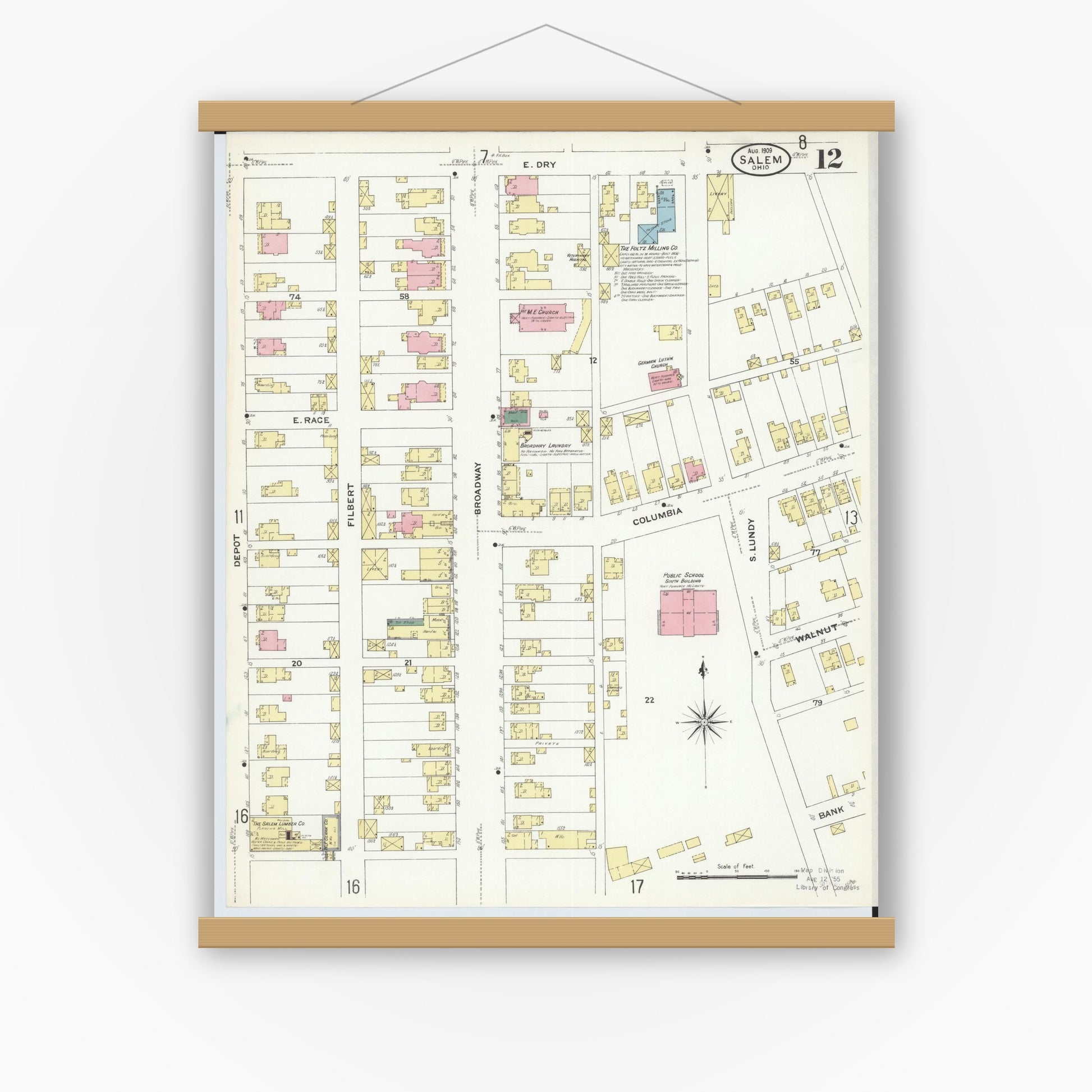 Old map wall art mockup — magnetic wood frame on white wall — Sanborn Fire Insurance Map from Salem, Columbiana County, Ohio (1909), Sheet #0012