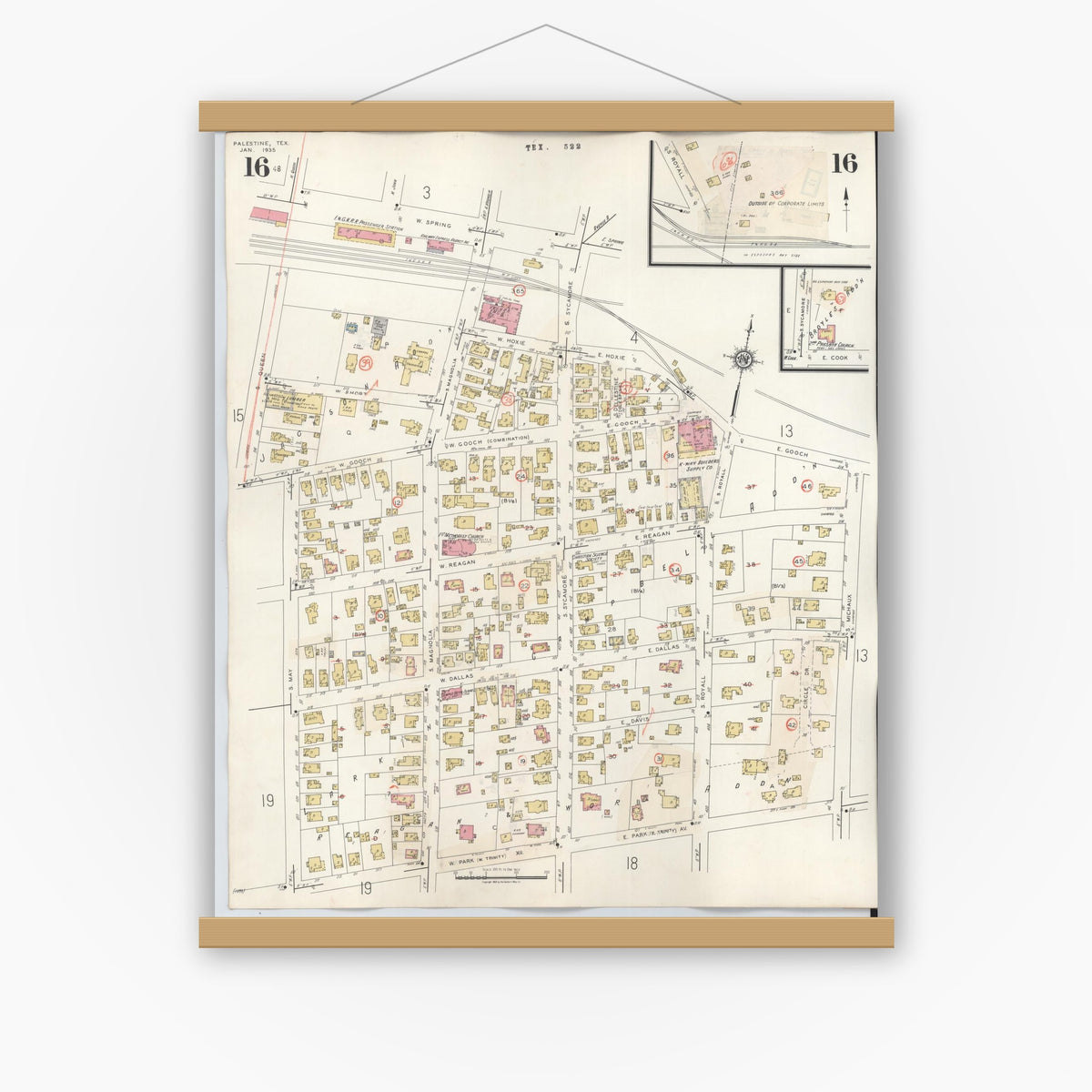 Old map wall art mockup — magnetic wood frame on white wall — Sanborn Fire Insurance Map from Palestine, Anderson County, Texas (1949), Sheet #0016