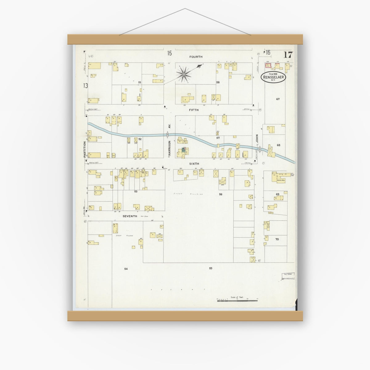 Old map wall art mockup — magnetic wood frame on white wall — Sanborn Fire Insurance Map from Rensselaer, Rensselaer County, New York (1909), Sheet #0017