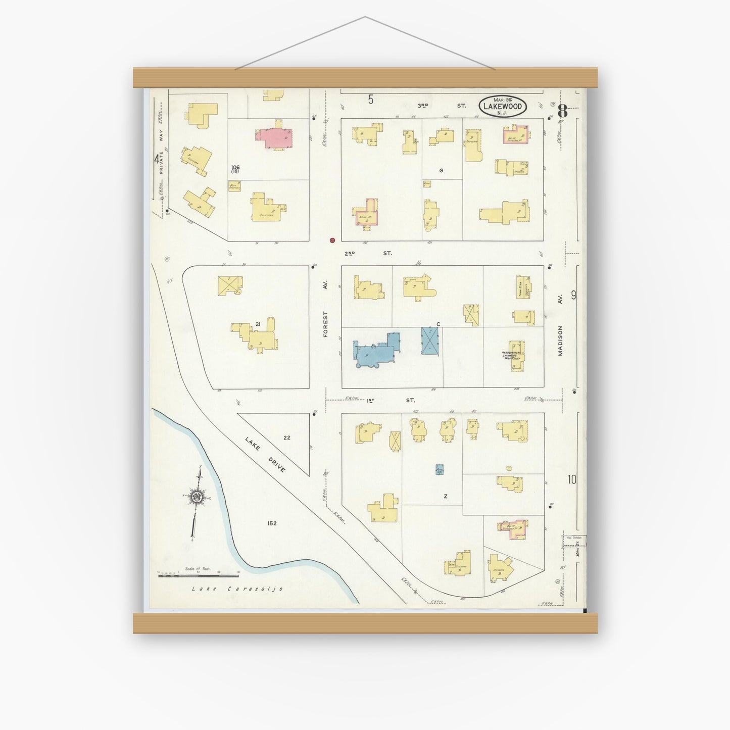 Old map wall art mockup — magnetic wood frame on white wall — Sanborn Fire Insurance Map from Lakewood, Ocean County, New Jersey (1916), Sheet #0008