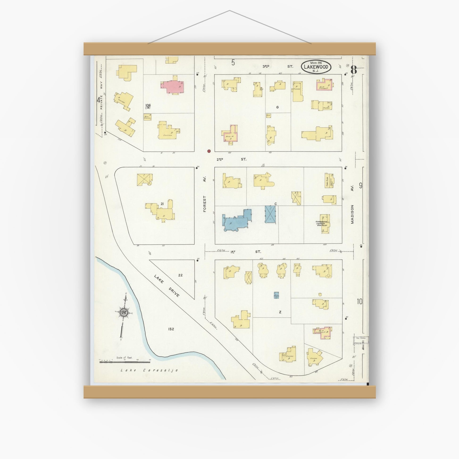 Old map wall art mockup — magnetic wood frame on white wall — Sanborn Fire Insurance Map from Lakewood, Ocean County, New Jersey (1916), Sheet #0008