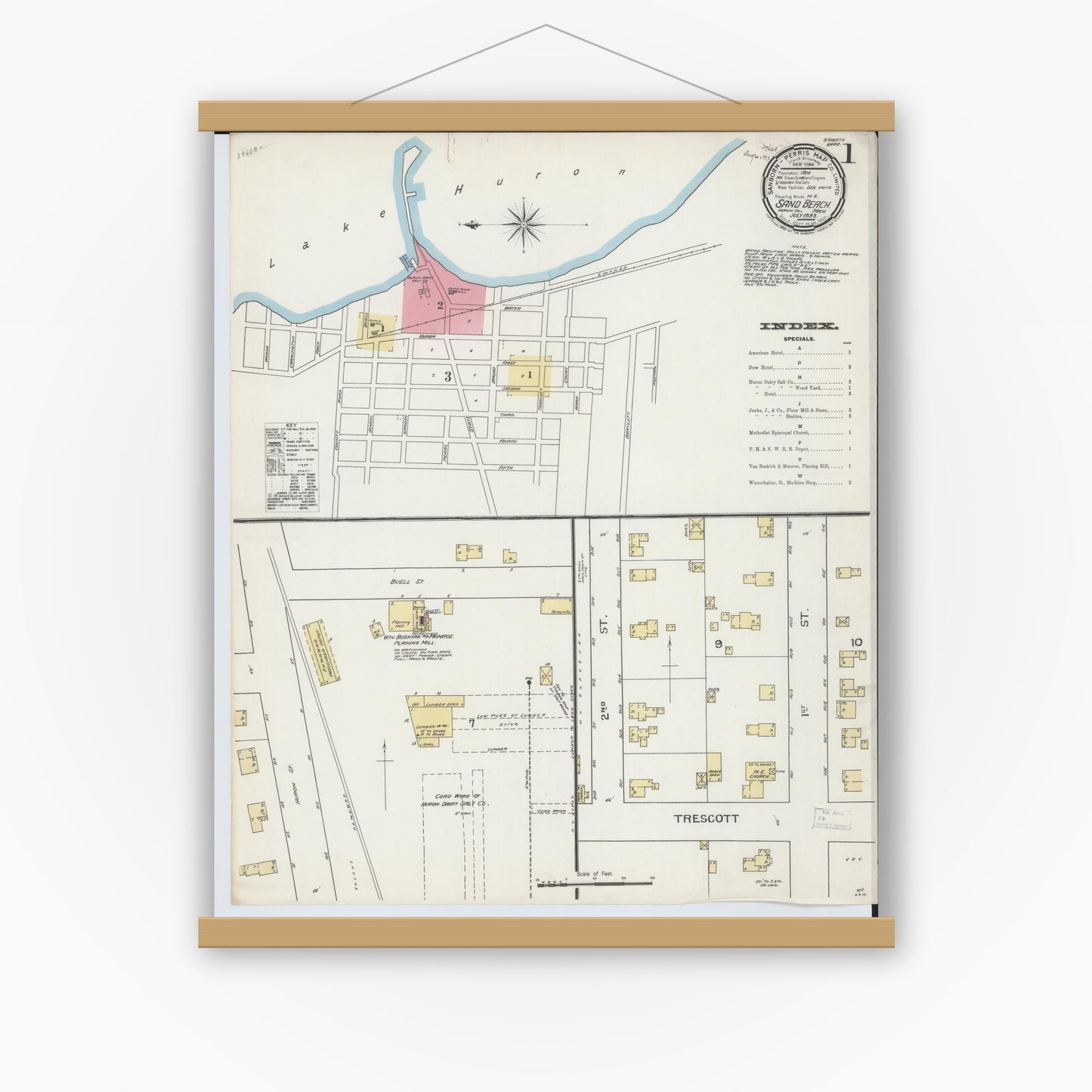 Old map wall art mockup — magnetic wood frame on white wall — Sanborn Fire Insurance Map from Sand Beach, Huron County, Michigan (1893) - Complete Map Set