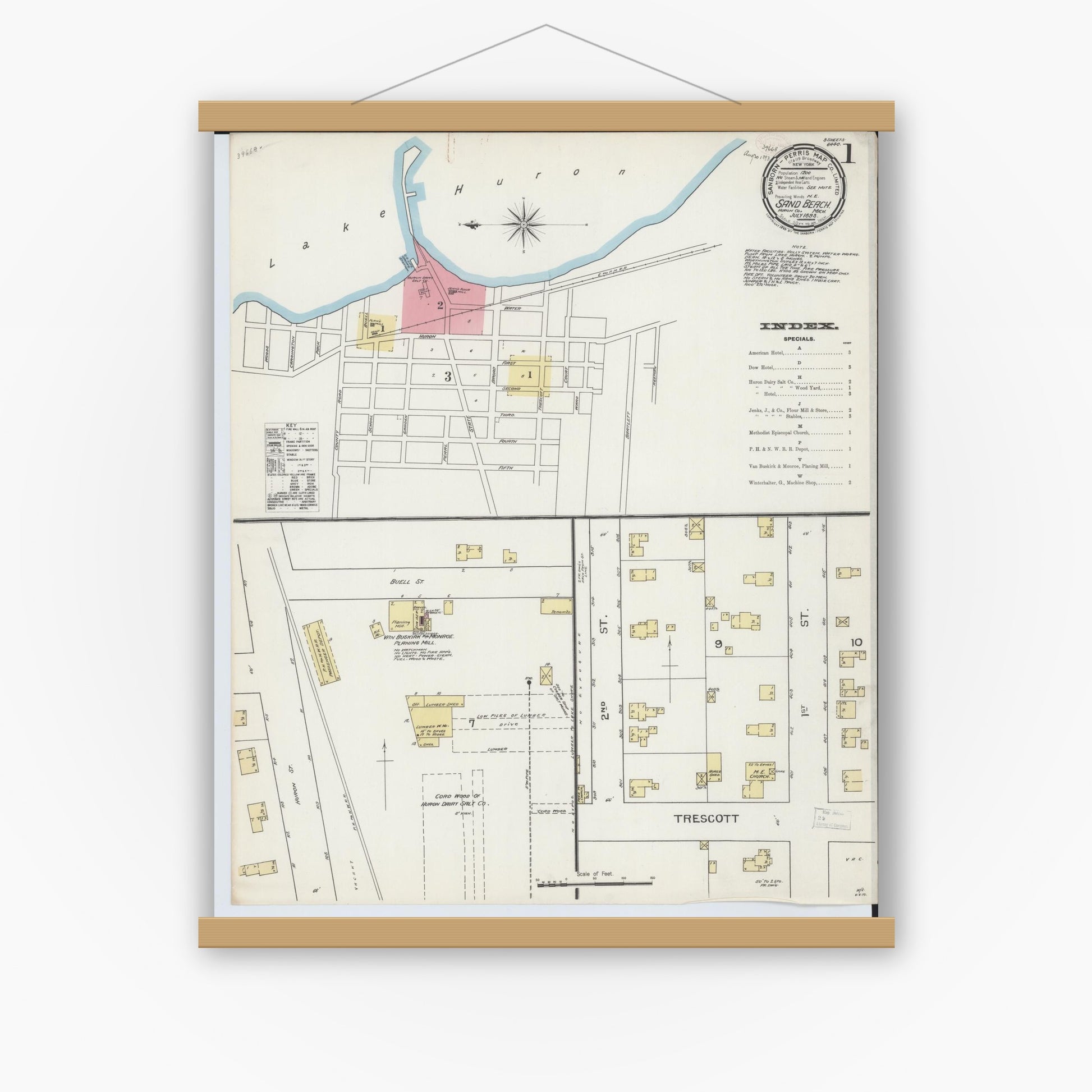 Old map wall art mockup — magnetic wood frame on white wall — Sanborn Fire Insurance Map from Sand Beach, Huron County, Michigan (1893) - Complete Map Set