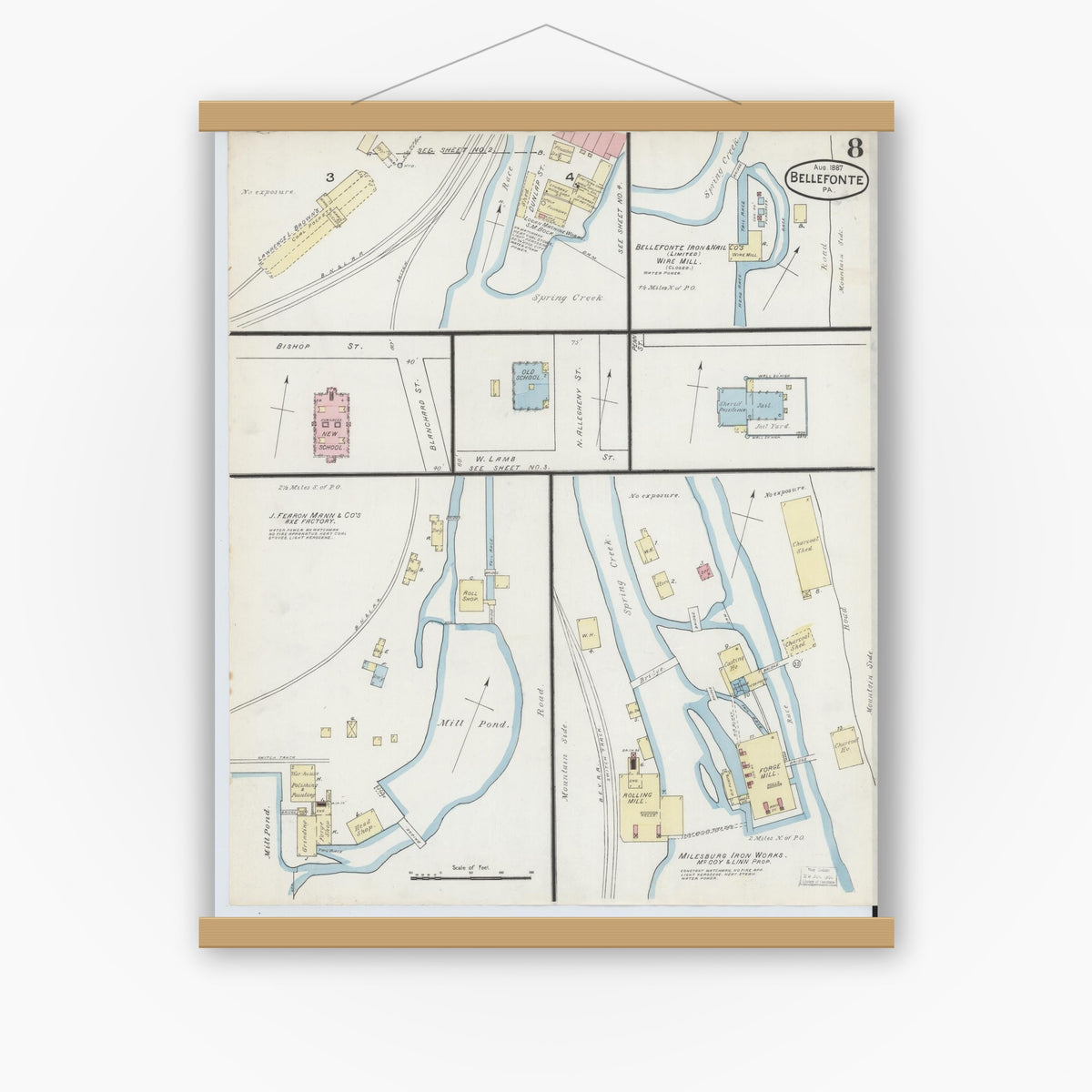 Old map wall art mockup — magnetic wood frame on white wall — Sanborn Fire Insurance Map from Bellefonte, Centre County, Pennsylvania (1887), Sheet #0008