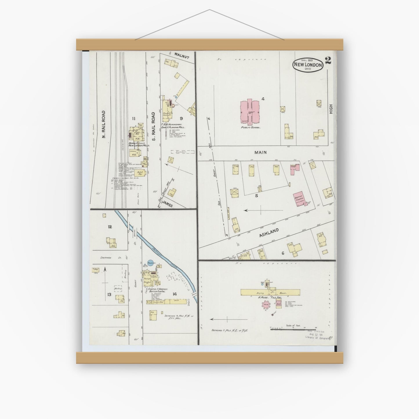 Old map wall art mockup — magnetic wood frame on white wall — Sanborn Fire Insurance Map from New London, Huron County, Ohio (1889), Sheet #0002