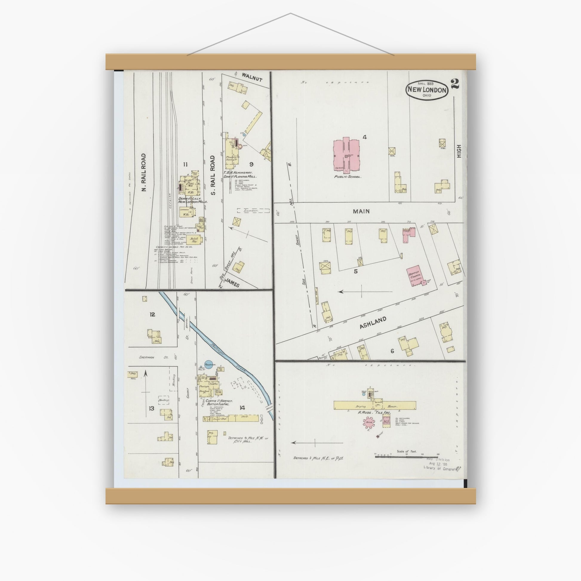 Old map wall art mockup — magnetic wood frame on white wall — Sanborn Fire Insurance Map from New London, Huron County, Ohio (1889), Sheet #0002
