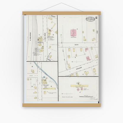 Old map wall art mockup — magnetic wood frame on white wall — Sanborn Fire Insurance Map from New London, Huron County, Ohio (1889), Sheet #0002