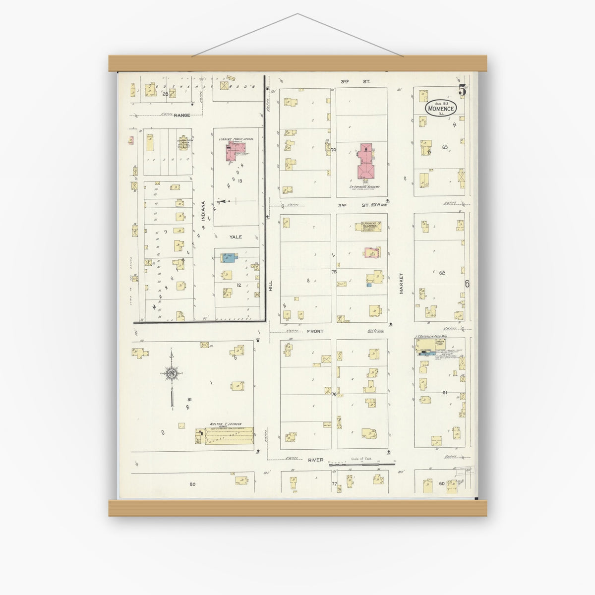 Old map wall art mockup — magnetic wood frame on white wall — Sanborn Fire Insurance Map from Momence, Kankakee County, Illinois (1913), Sheet #0005