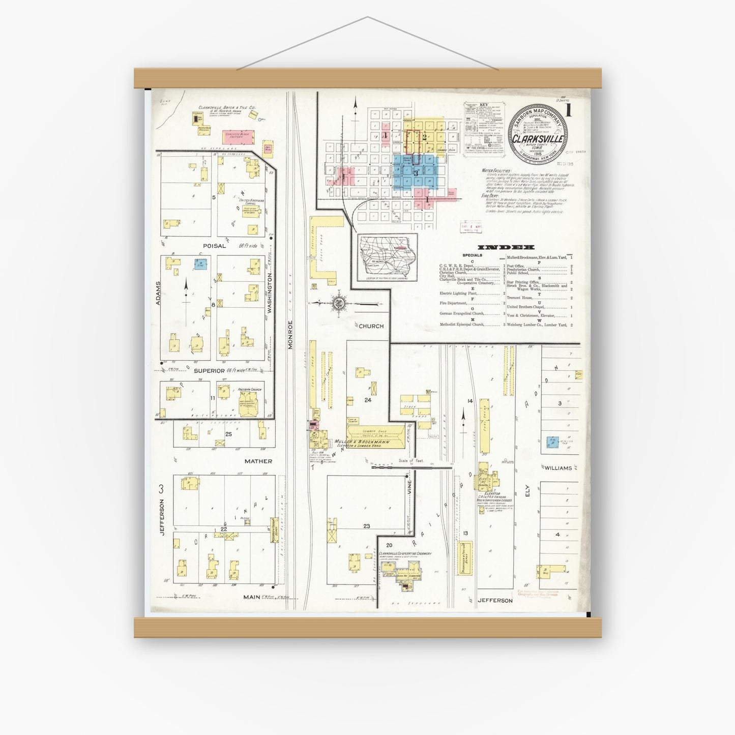 Old map wall art mockup — magnetic wood frame on white wall — Sanborn Fire Insurance Map from Clarksville, Butler County, Iowa (1915), Sheet #0001
