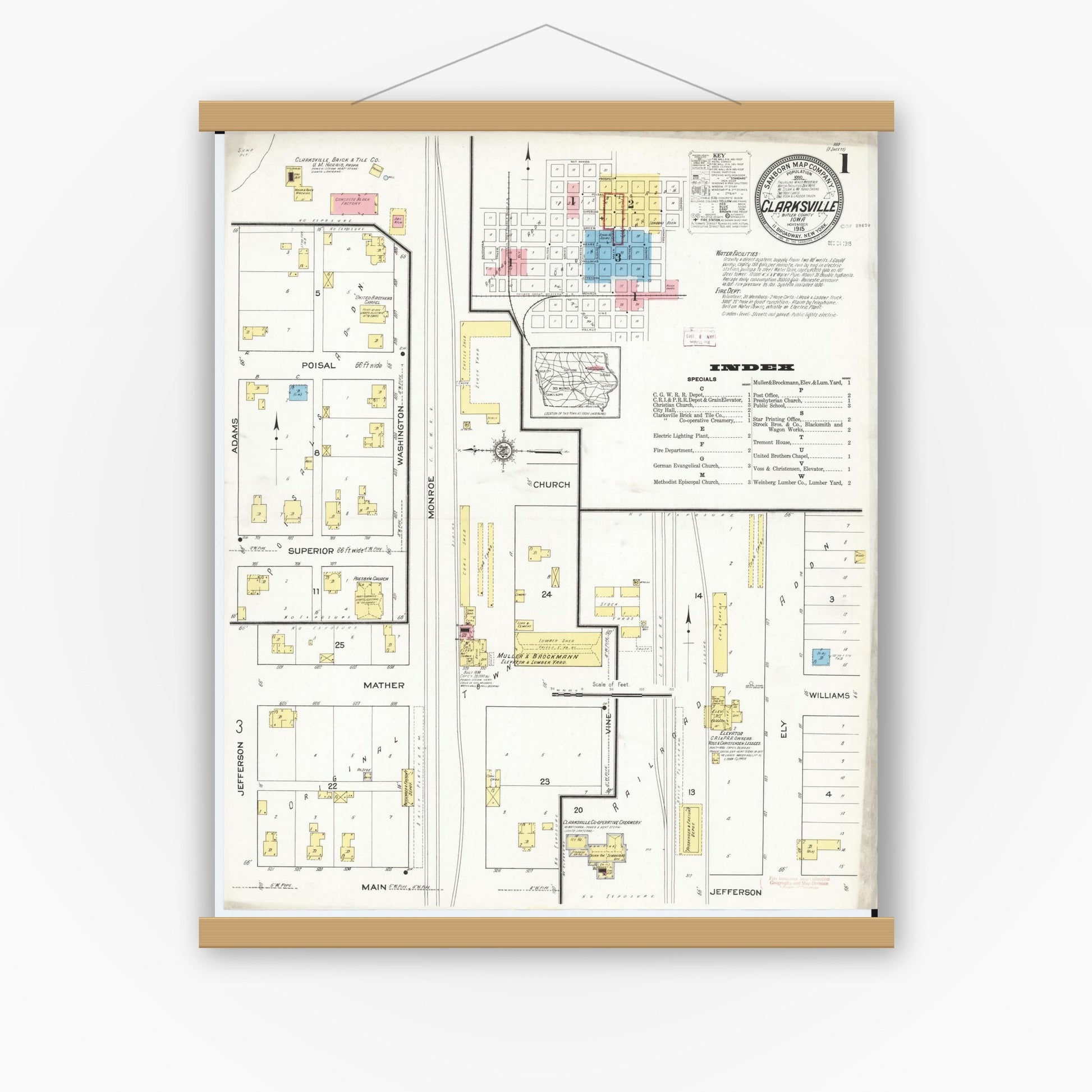 Old map wall art mockup — magnetic wood frame on white wall — Sanborn Fire Insurance Map from Clarksville, Butler County, Iowa (1915), Sheet #0001