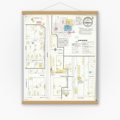 Old map wall art mockup — magnetic wood frame on white wall — Sanborn Fire Insurance Map from Clarksville, Butler County, Iowa (1915), Sheet #0001