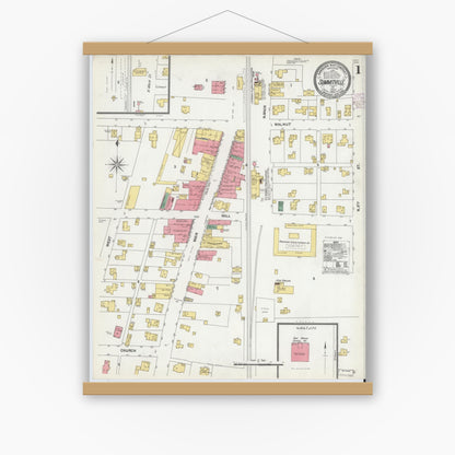 Old map wall art mockup — magnetic wood frame on white wall — Sanborn Fire Insurance Map from Summitville, Madison County, Indiana (1902), Sheet #0001