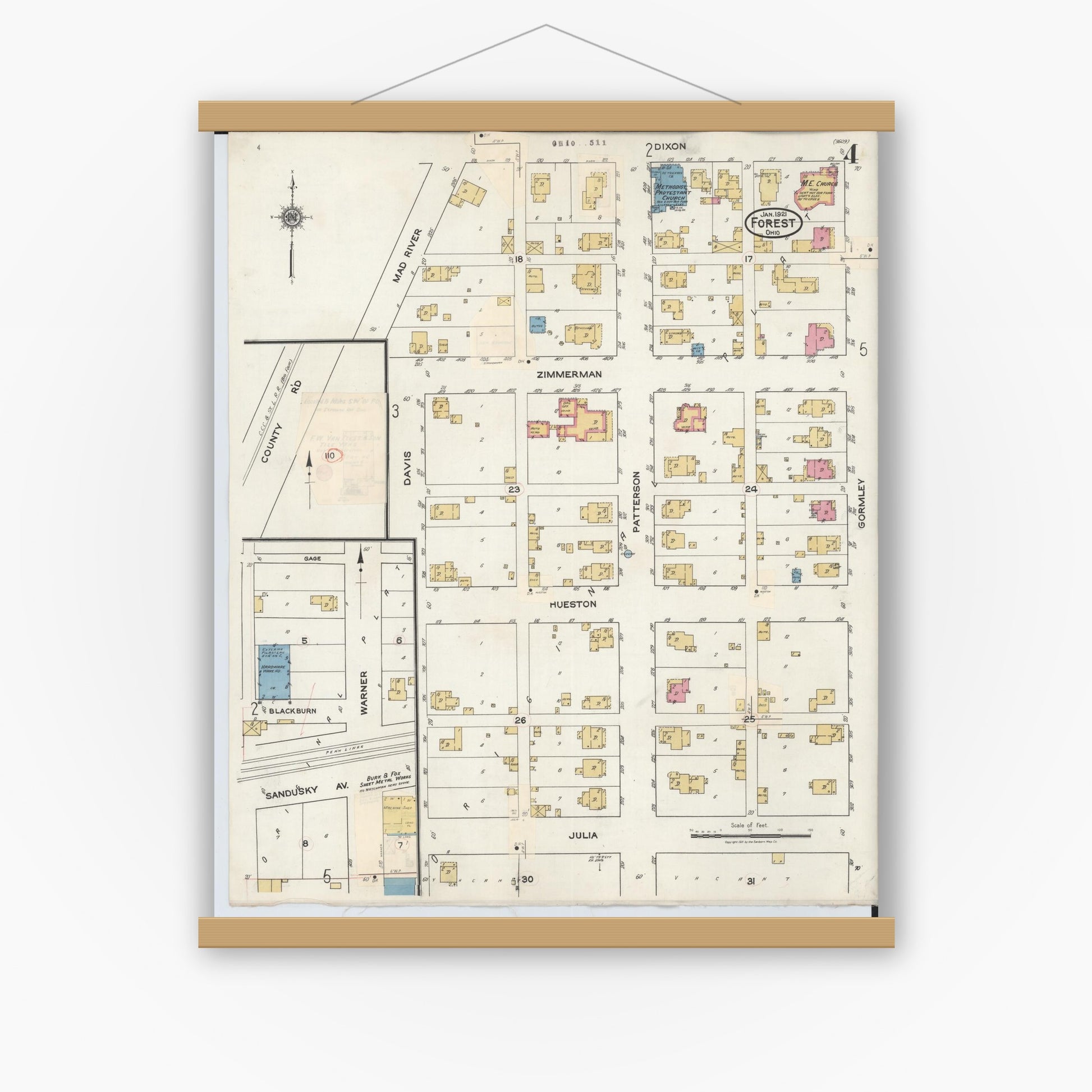 Old map wall art mockup — magnetic wood frame on white wall — Sanborn Fire Insurance Map from Forest, Hardin County, Ohio (1932), Sheet #0004