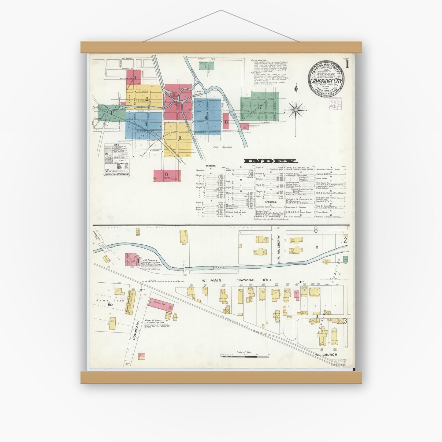 Old map wall art mockup — magnetic wood frame on white wall — Sanborn Fire Insurance Map from Cambridge City, Wayne County, Indiana (1908), Sheet #0001